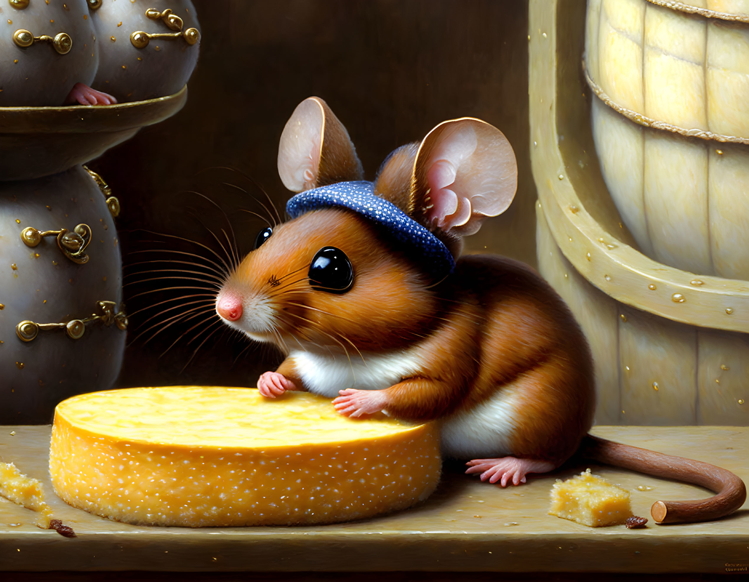 Illustrated mouse with bandana near cheese wheel, brass pot, and barrel