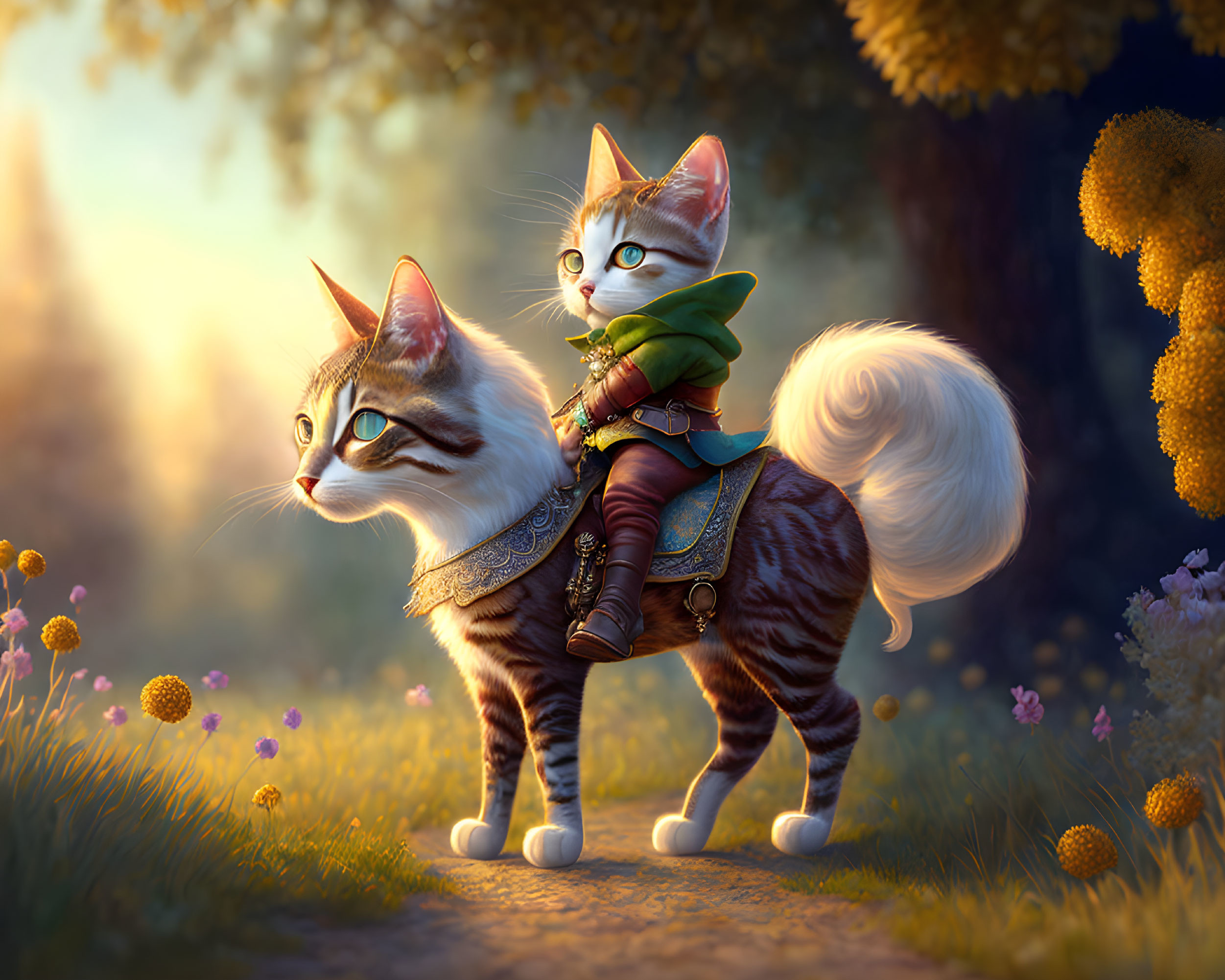 Whimsical forest scene with anthropomorphic cats in knight armor and green cloak