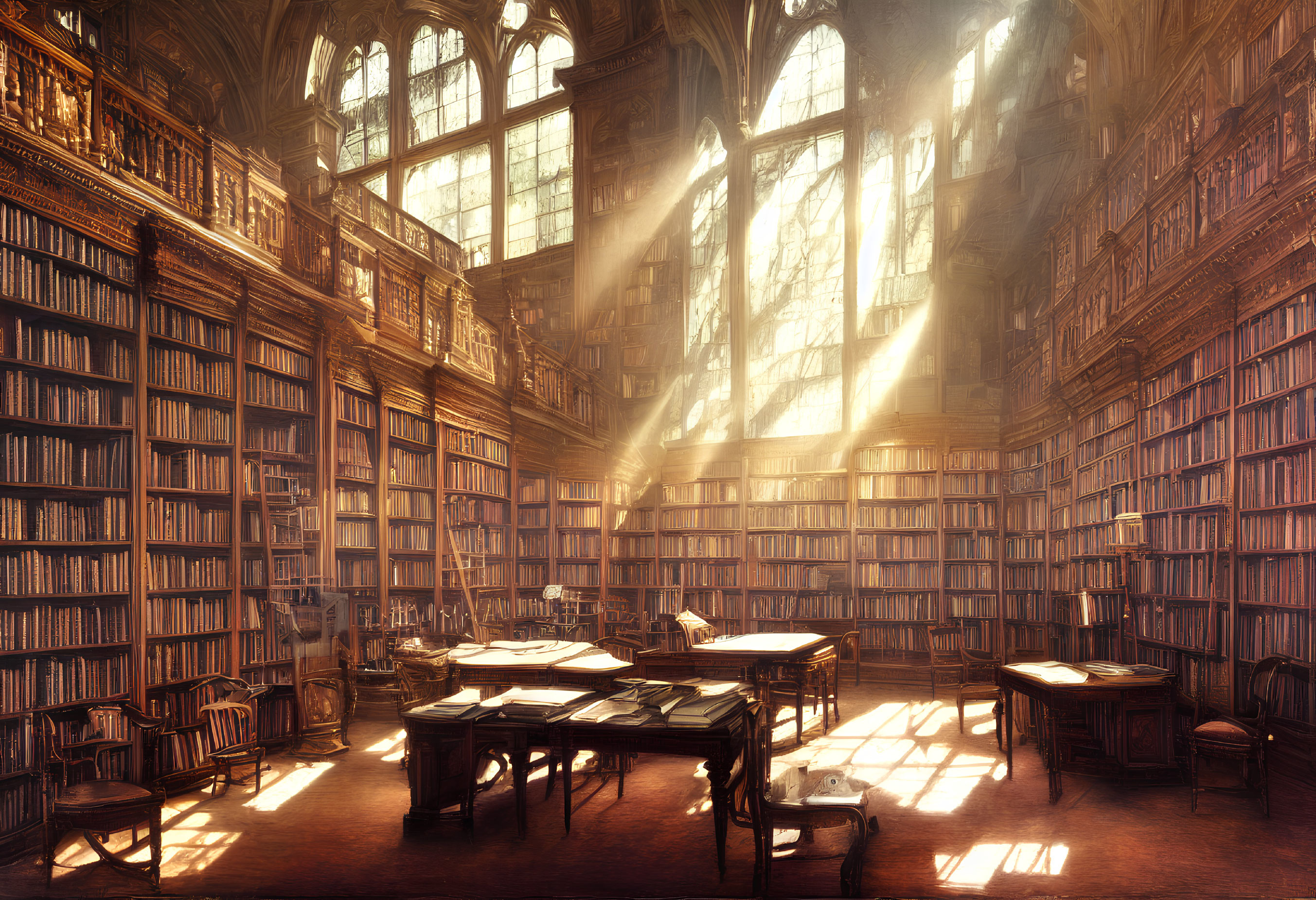 Opulent library with tall bookshelves and sunlight beams