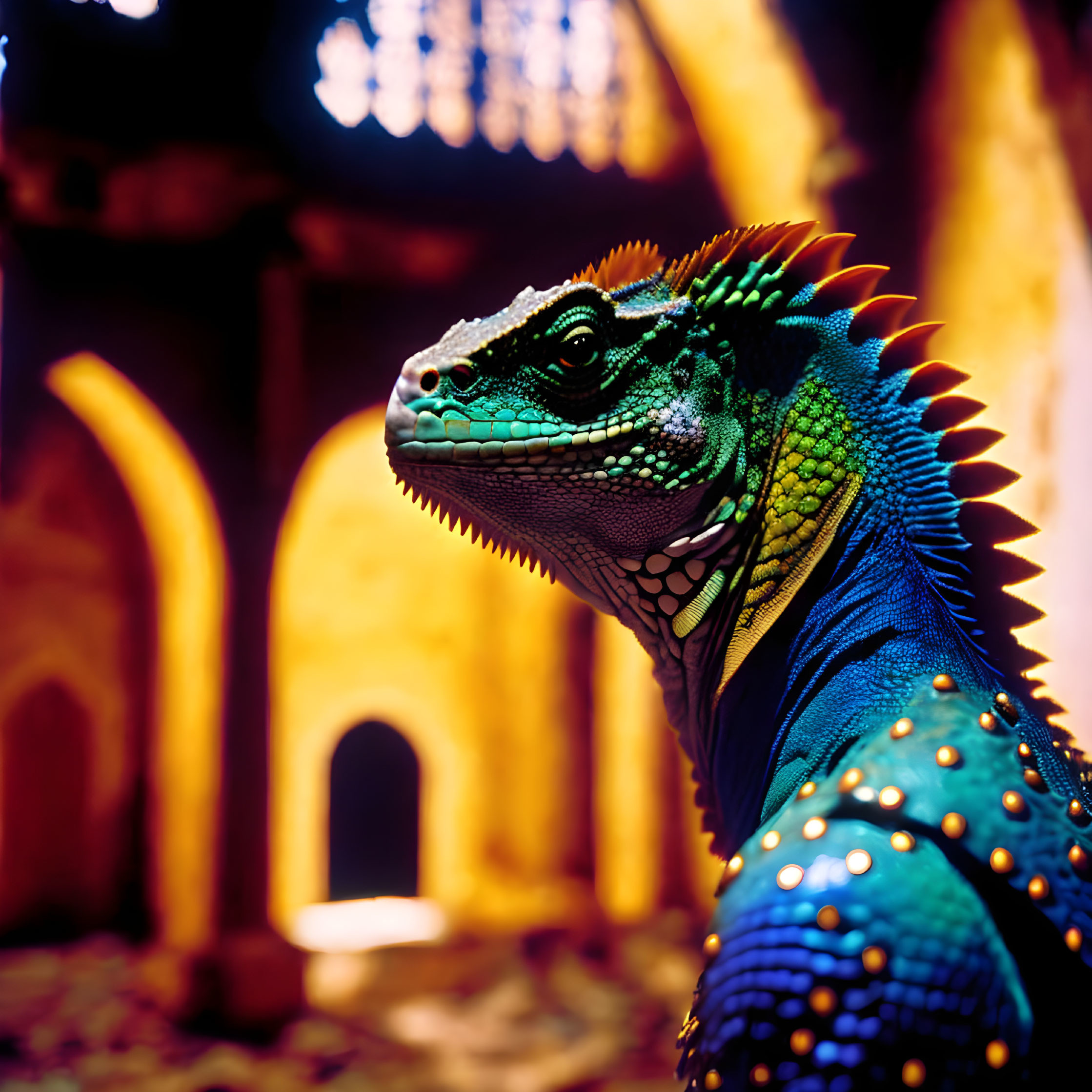 Colorful Green and Blue Iguana with Spiny Ridges in Regal Pose