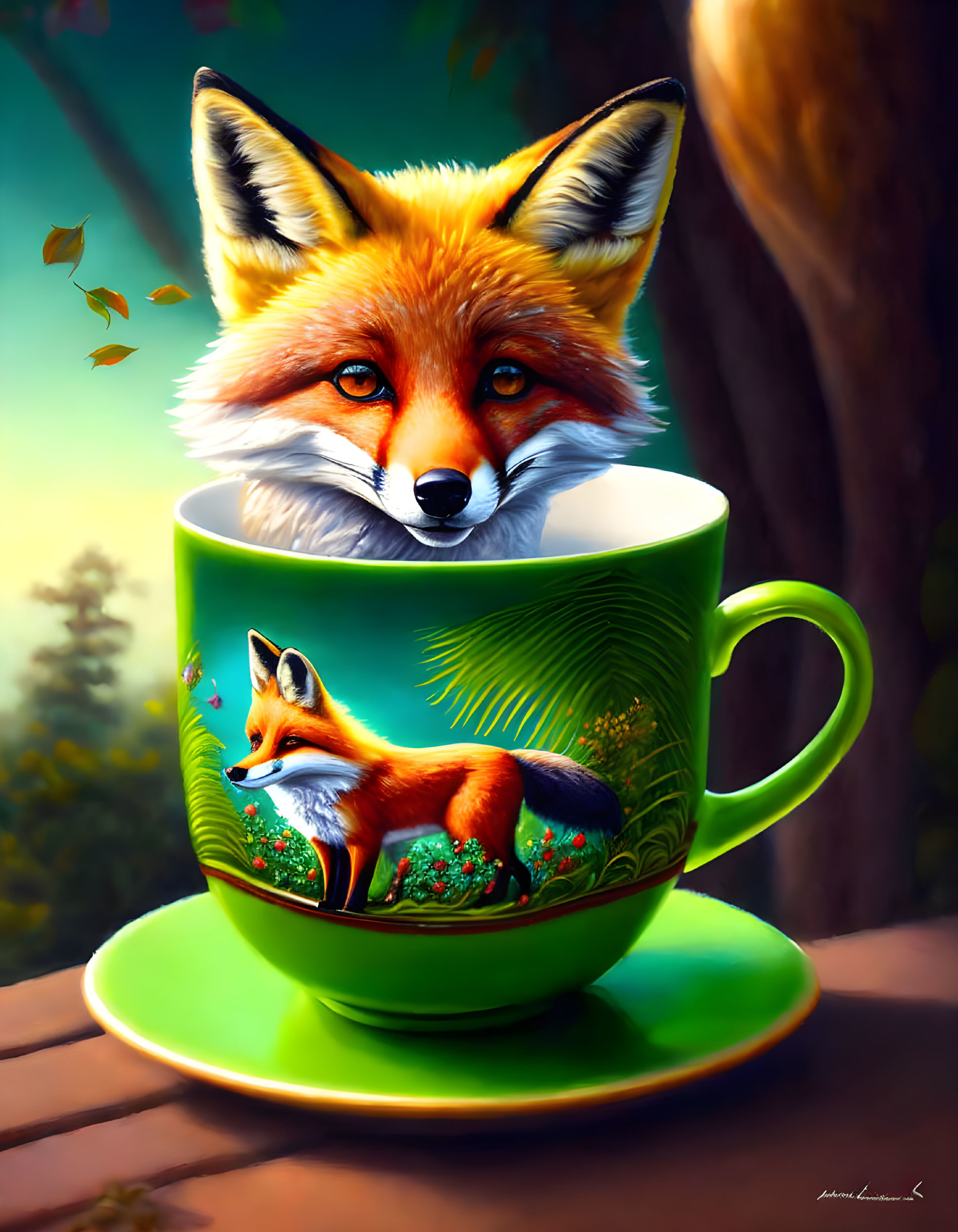 Whimsical fox in green teacup on wooden surface