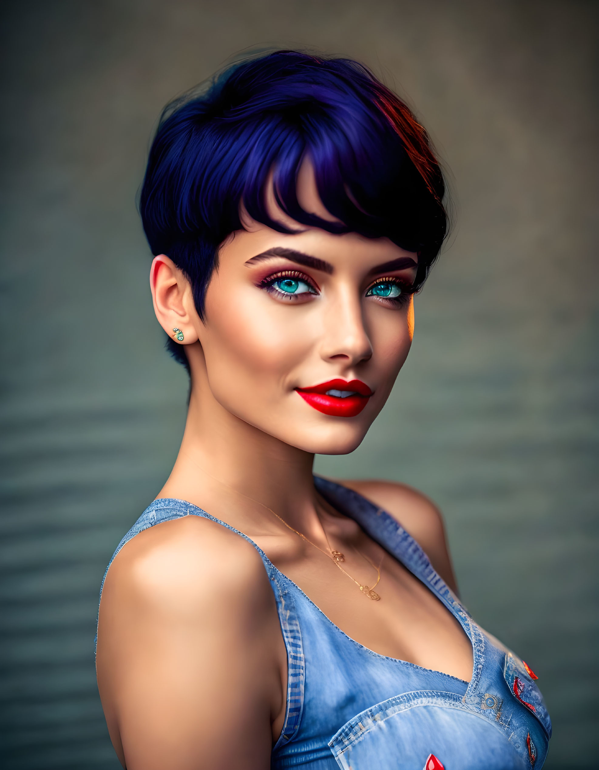 Digital artwork: Woman with vibrant blue hair, blue eyes, red lipstick, denim top, subtle smile