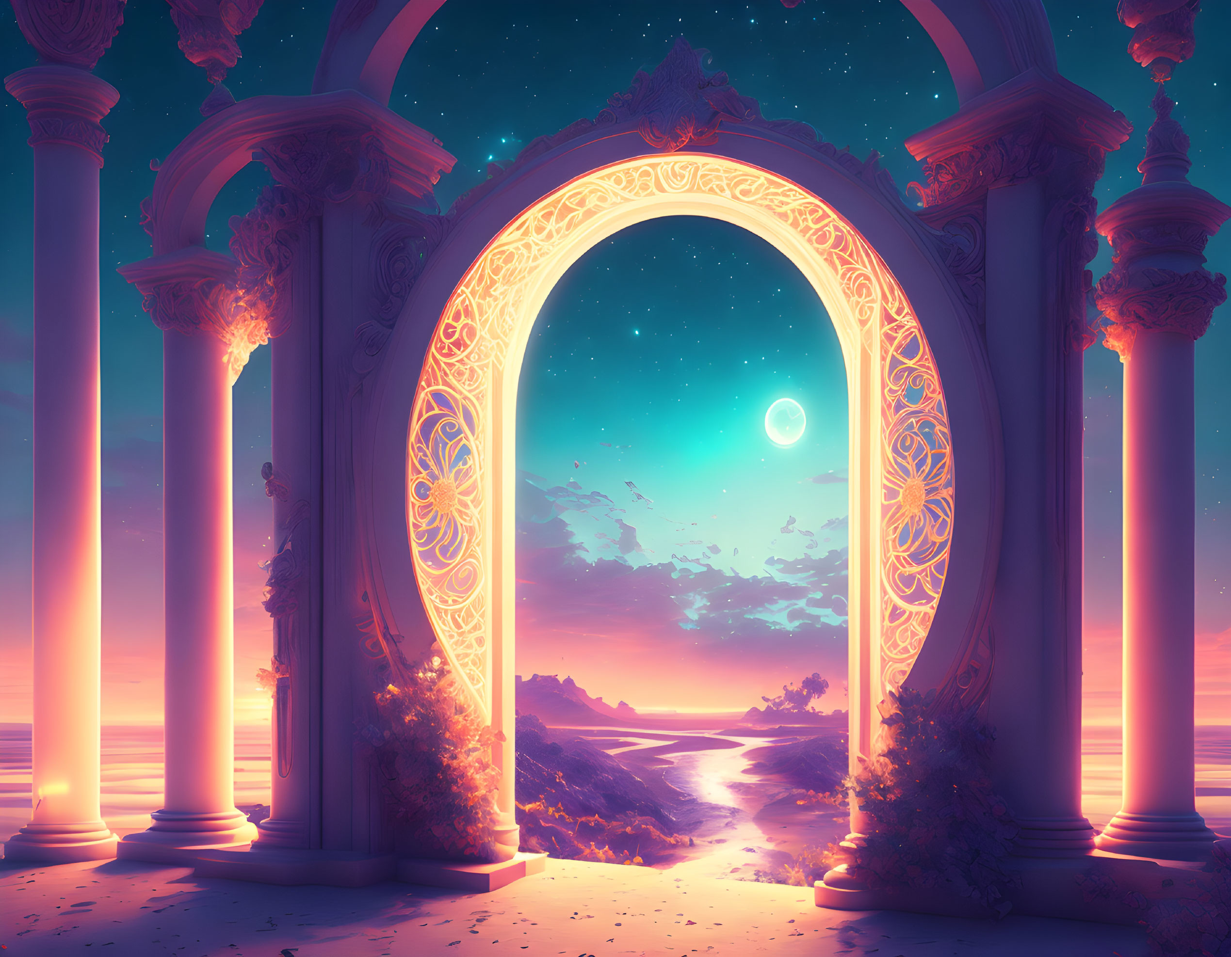 Fantasy landscape with ornate archway, path, mountains, starry sky, and moon