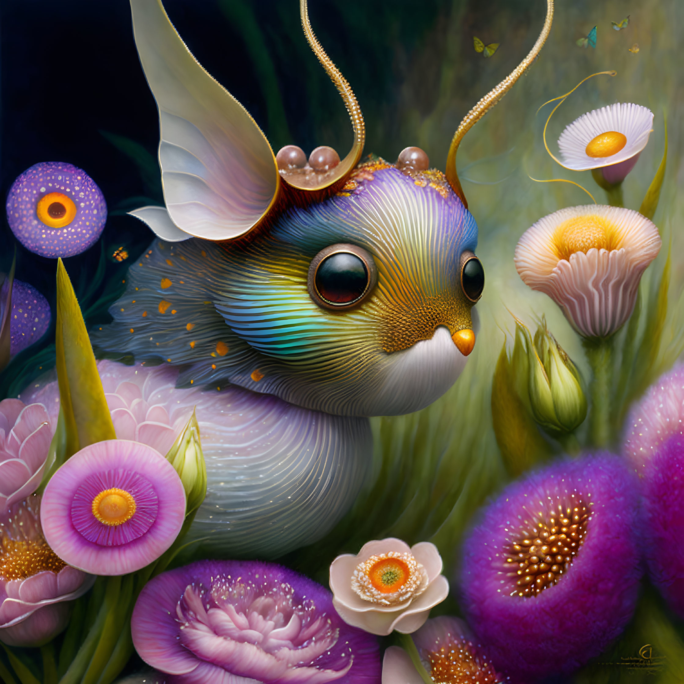 Colorful whimsical creature with butterfly antennae in vibrant flower setting