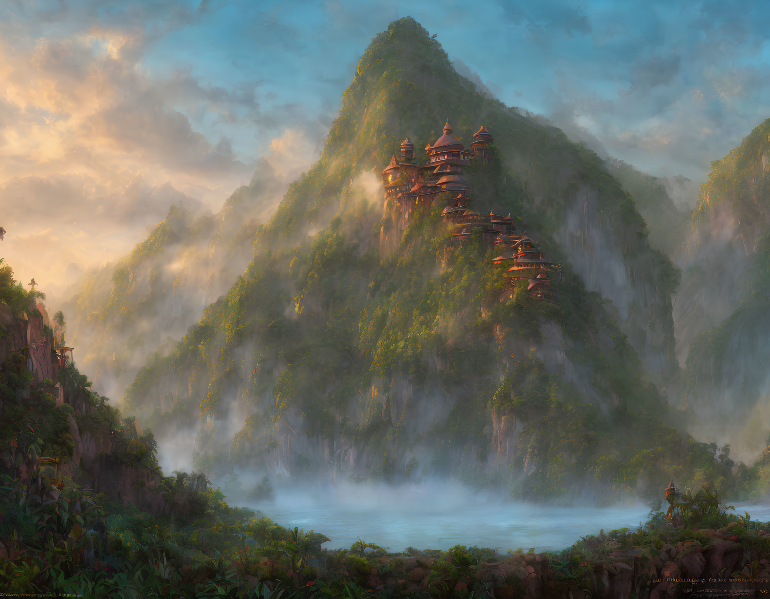 Asian pagodas in misty mountain landscape at sunrise or sunset