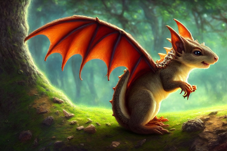 Dragon-Squirrel Hybrid Illustration in Sunlit Forest