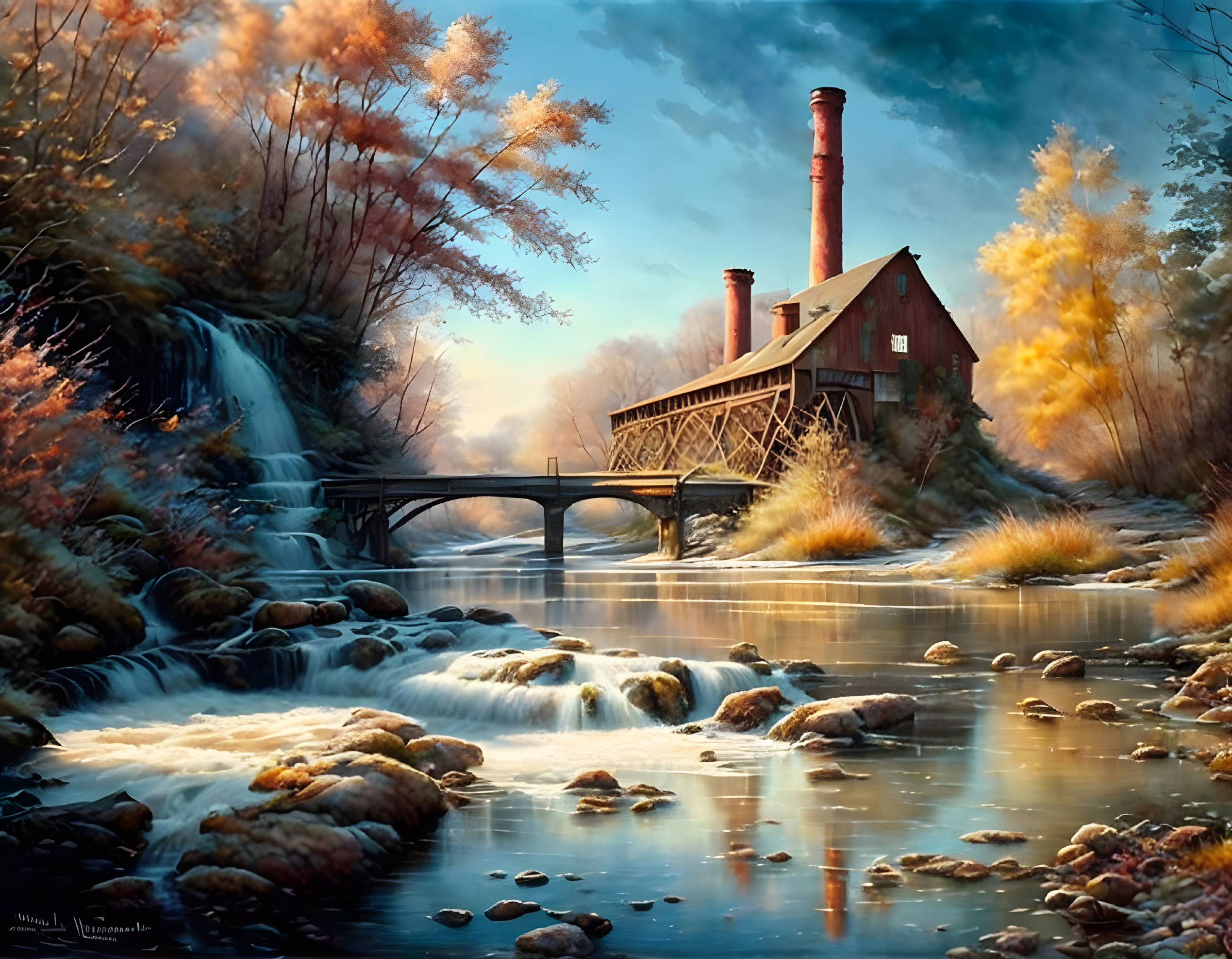 Tranquil river scene with waterfall, red mill, bridge, autumn foliage