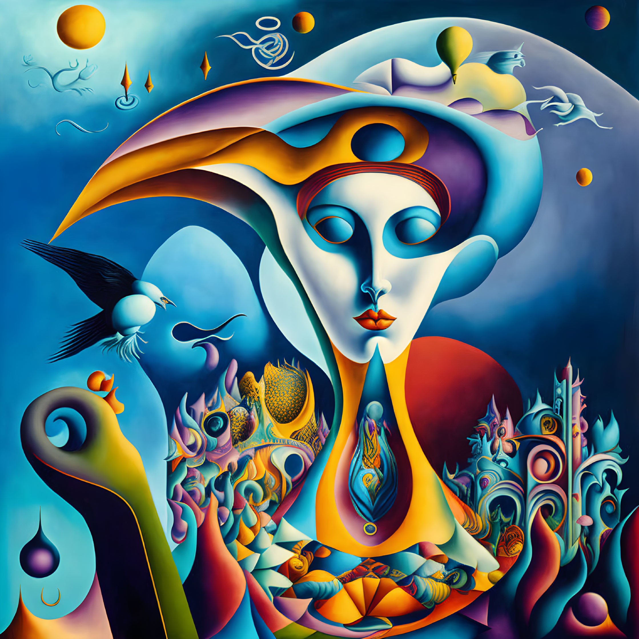 Vibrant surreal artwork: stylized figure, cosmic and aquatic motifs