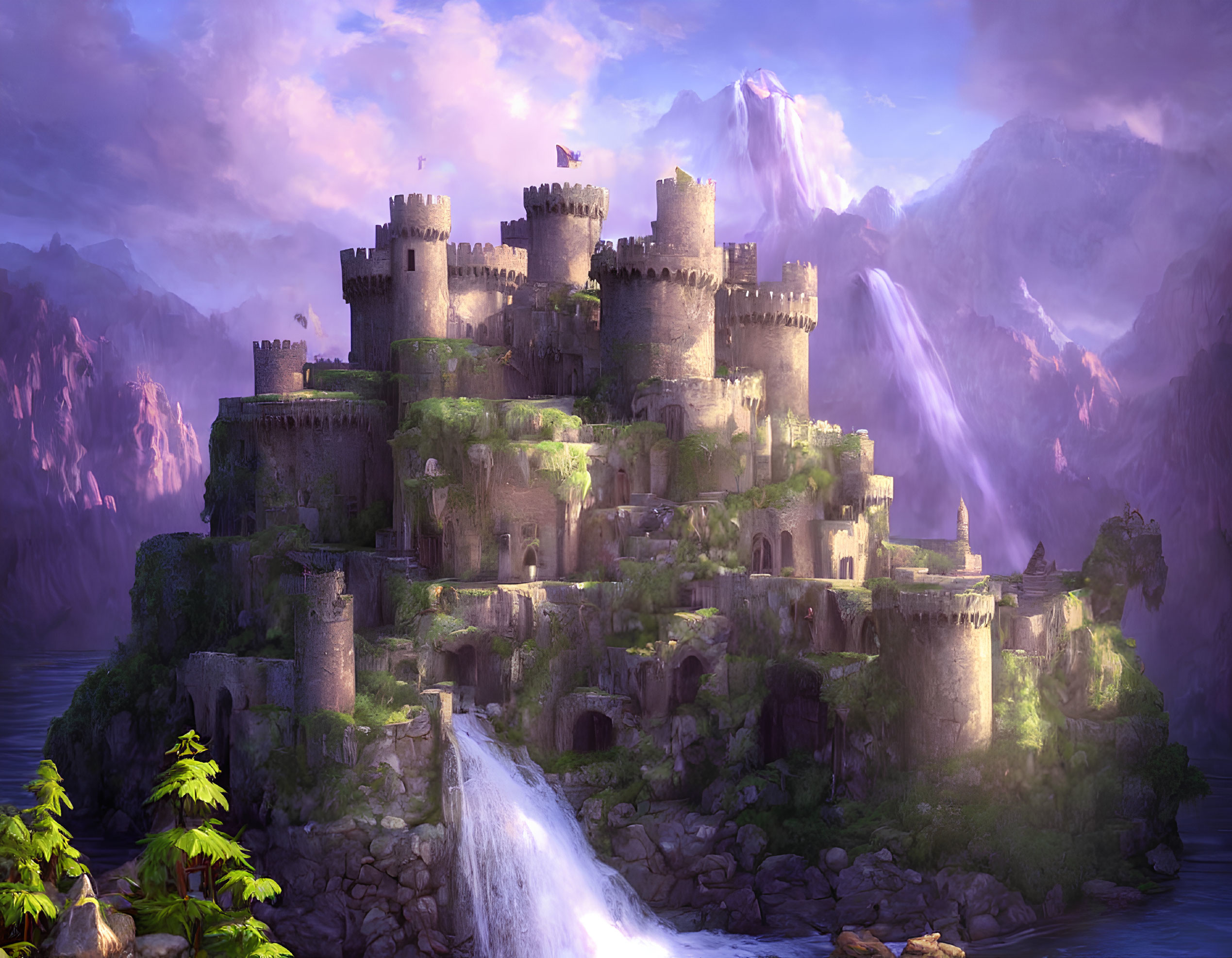 Majestic fantasy castle on cliff with towers, waterfall, mountains