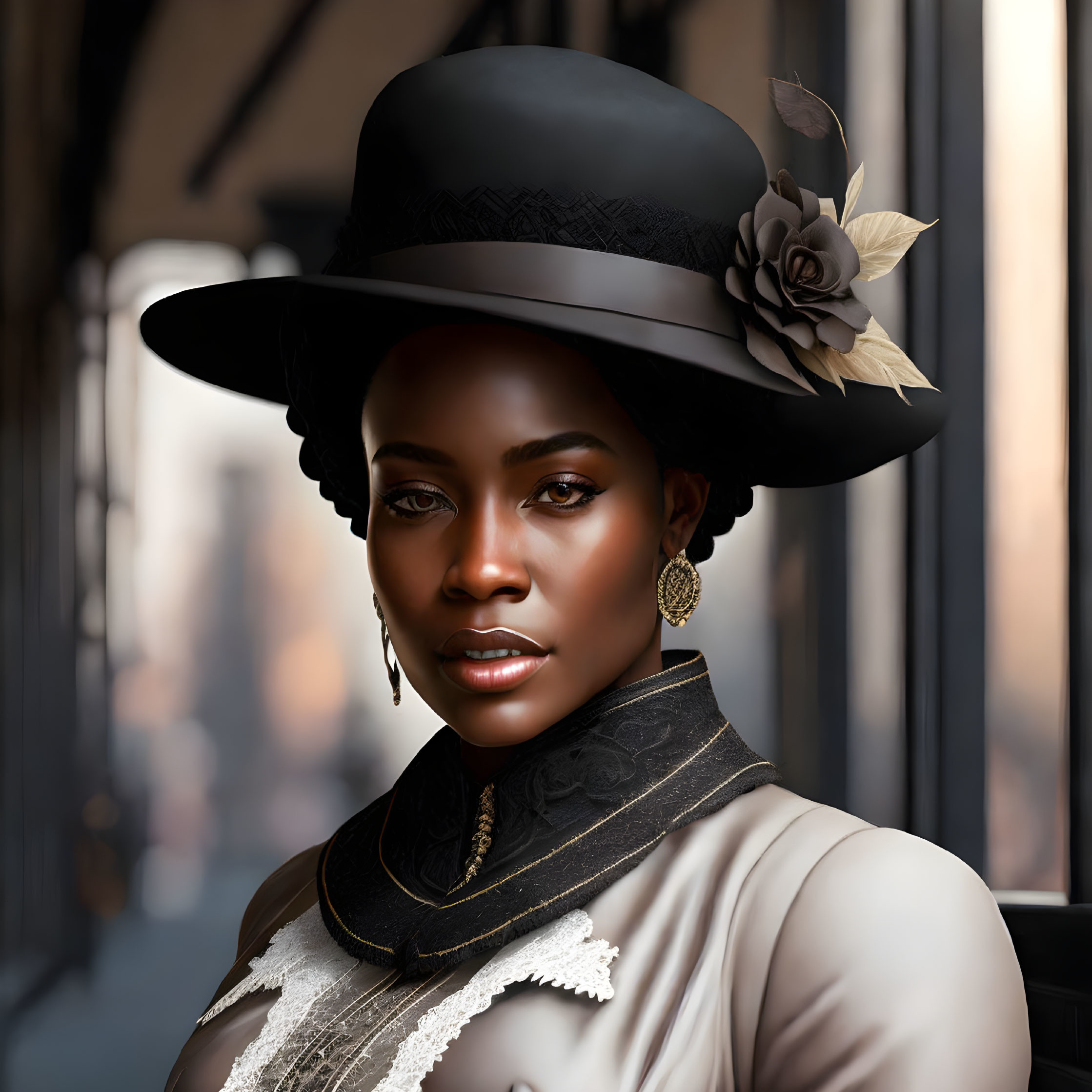 Dark-skinned woman in wide-brimmed hat and vintage outfit portrait.