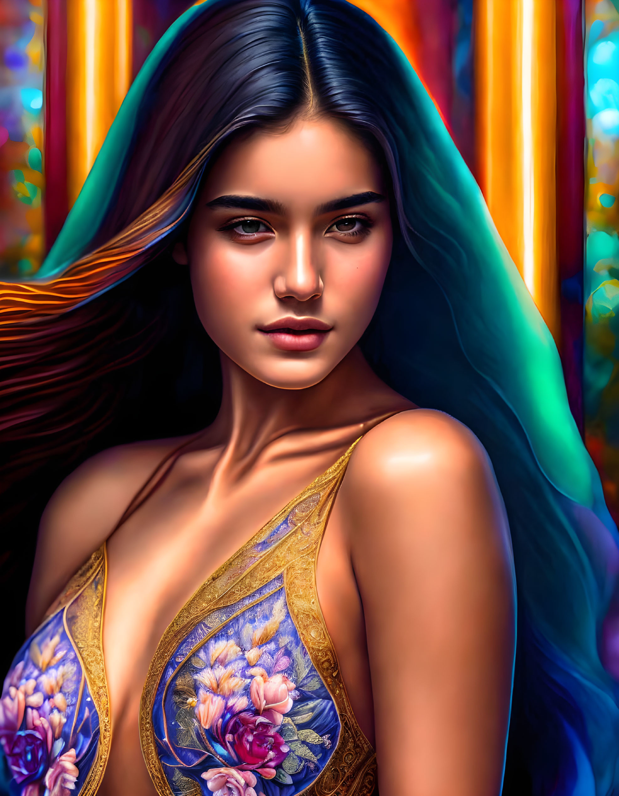 Colorful digital artwork: Woman with blue hair and floral attire