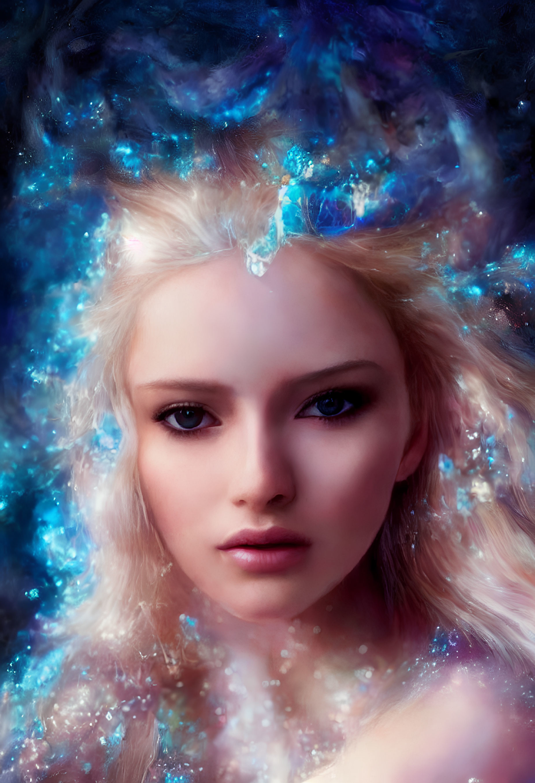 Ethereal woman portrait in cosmic fantasy setting