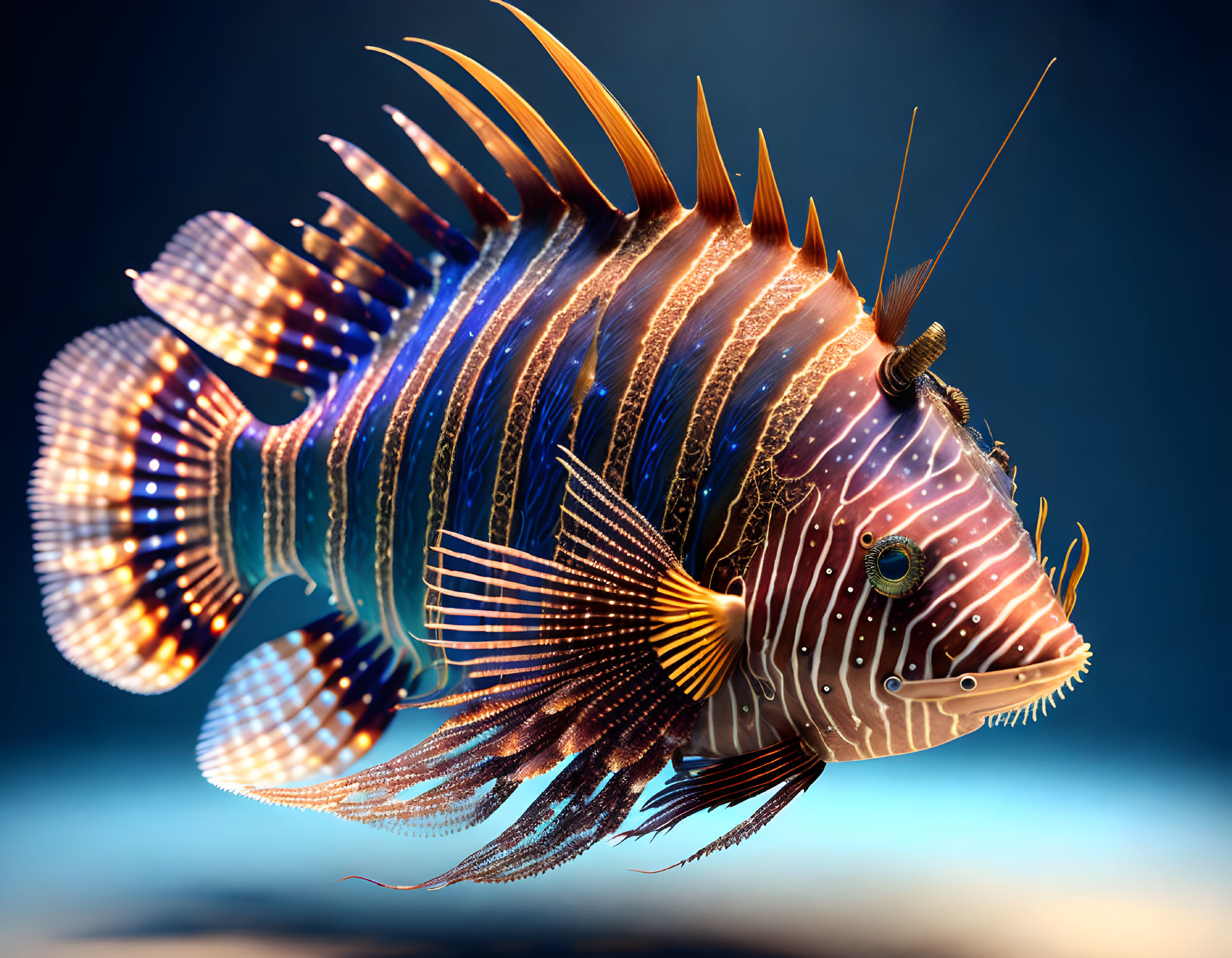 Colorful Lionfish with Striking Fins and Stripes on Blue Background