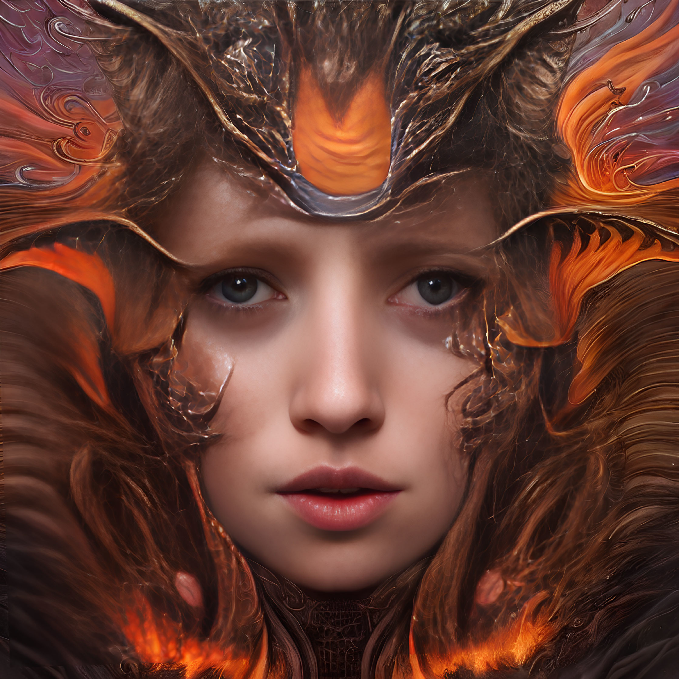 Detailed Orange and Black Fantasy Helmet on Intense-Eyed Person