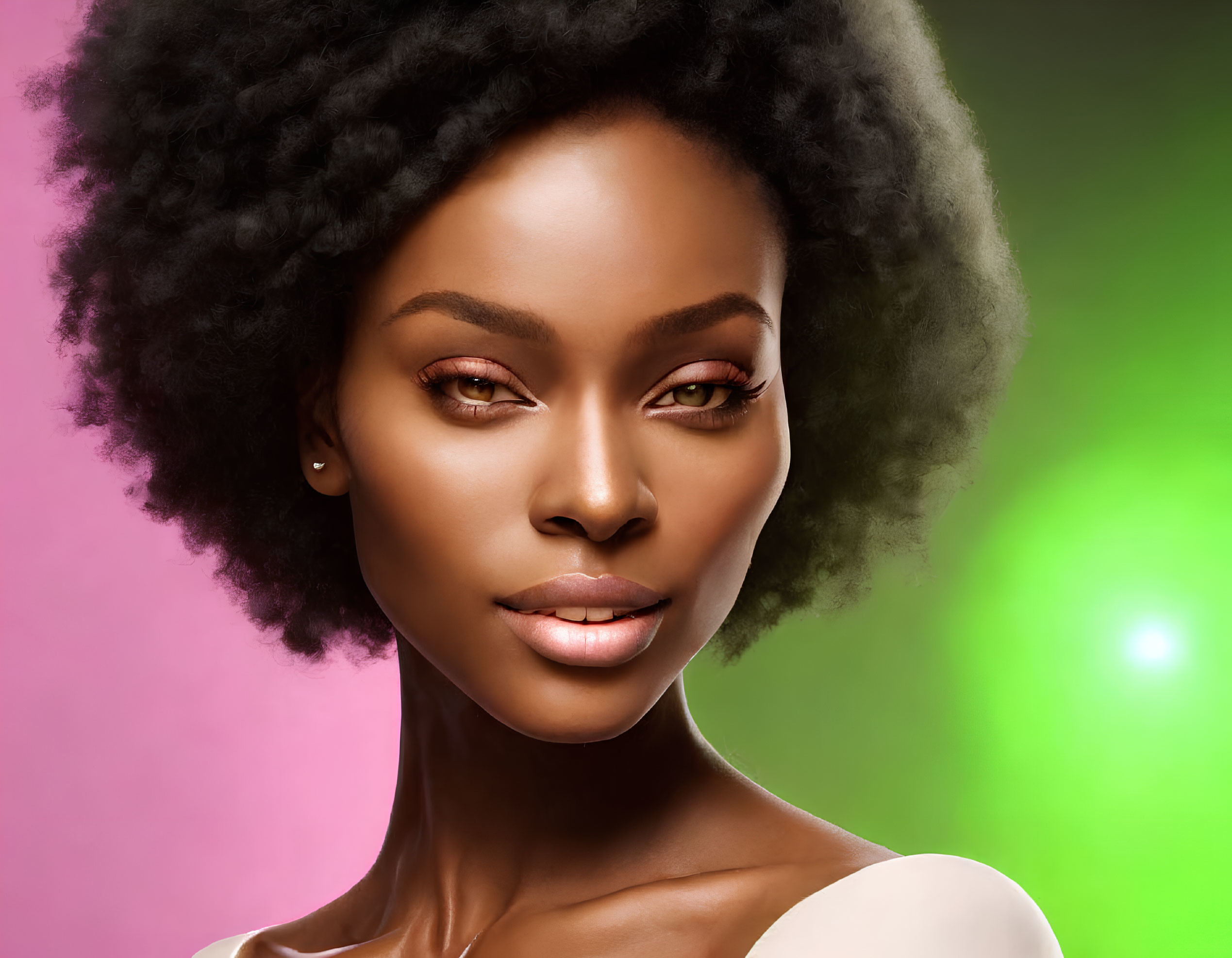 African American woman with natural afro hairstyle on pink and green gradient background