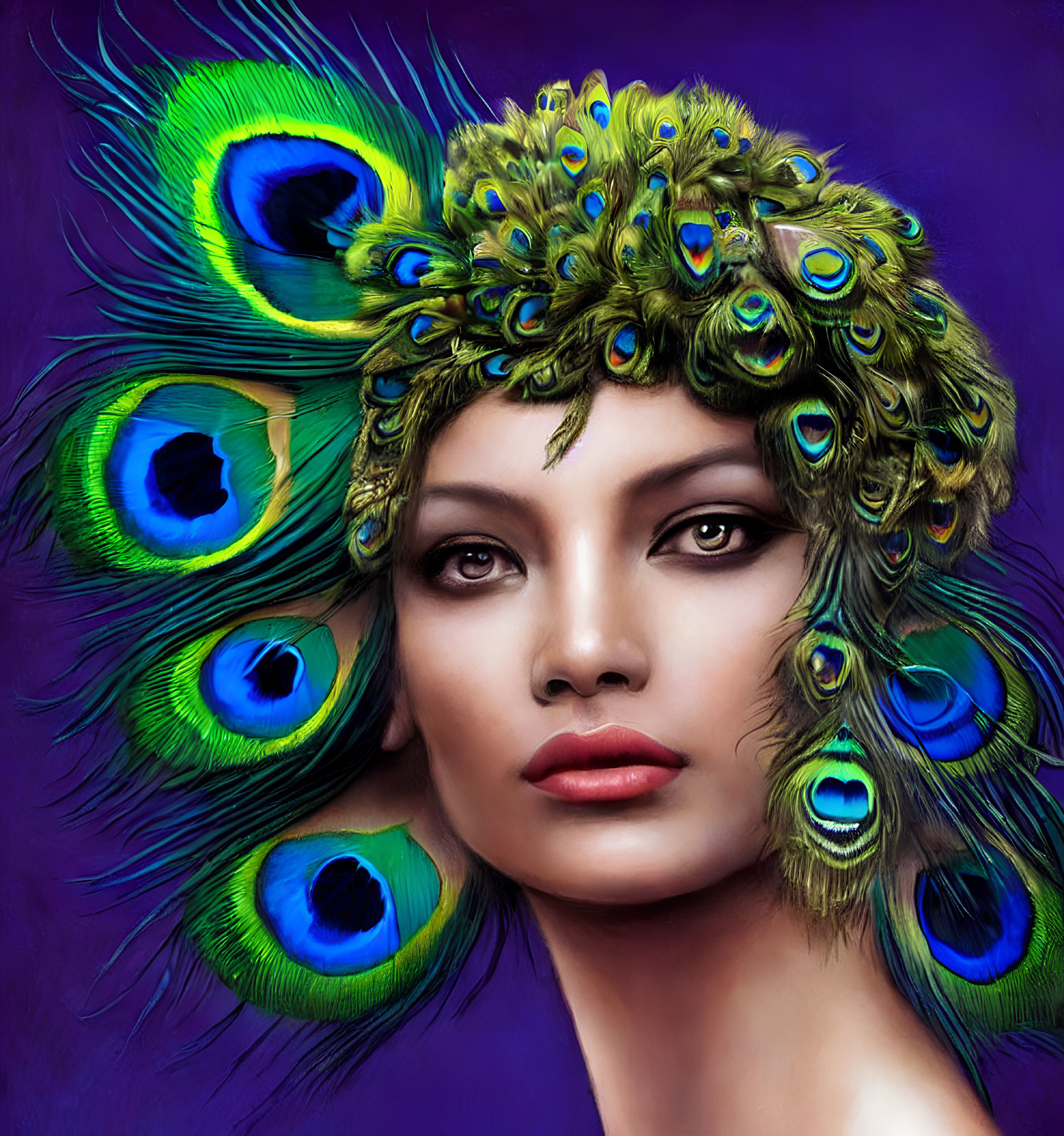 Woman with Peacock Feather Headdress and Vibrant Makeup on Purple Background