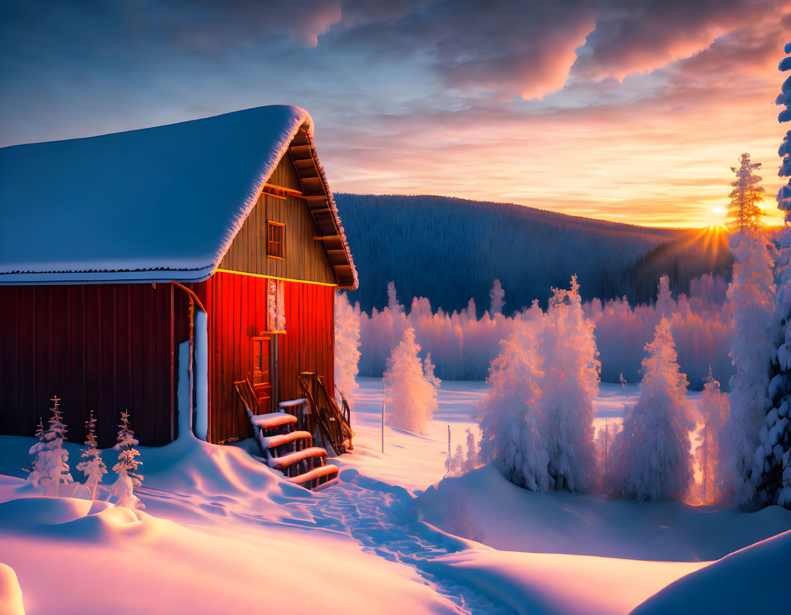 Snowy landscape with red cabin and sunrise glow