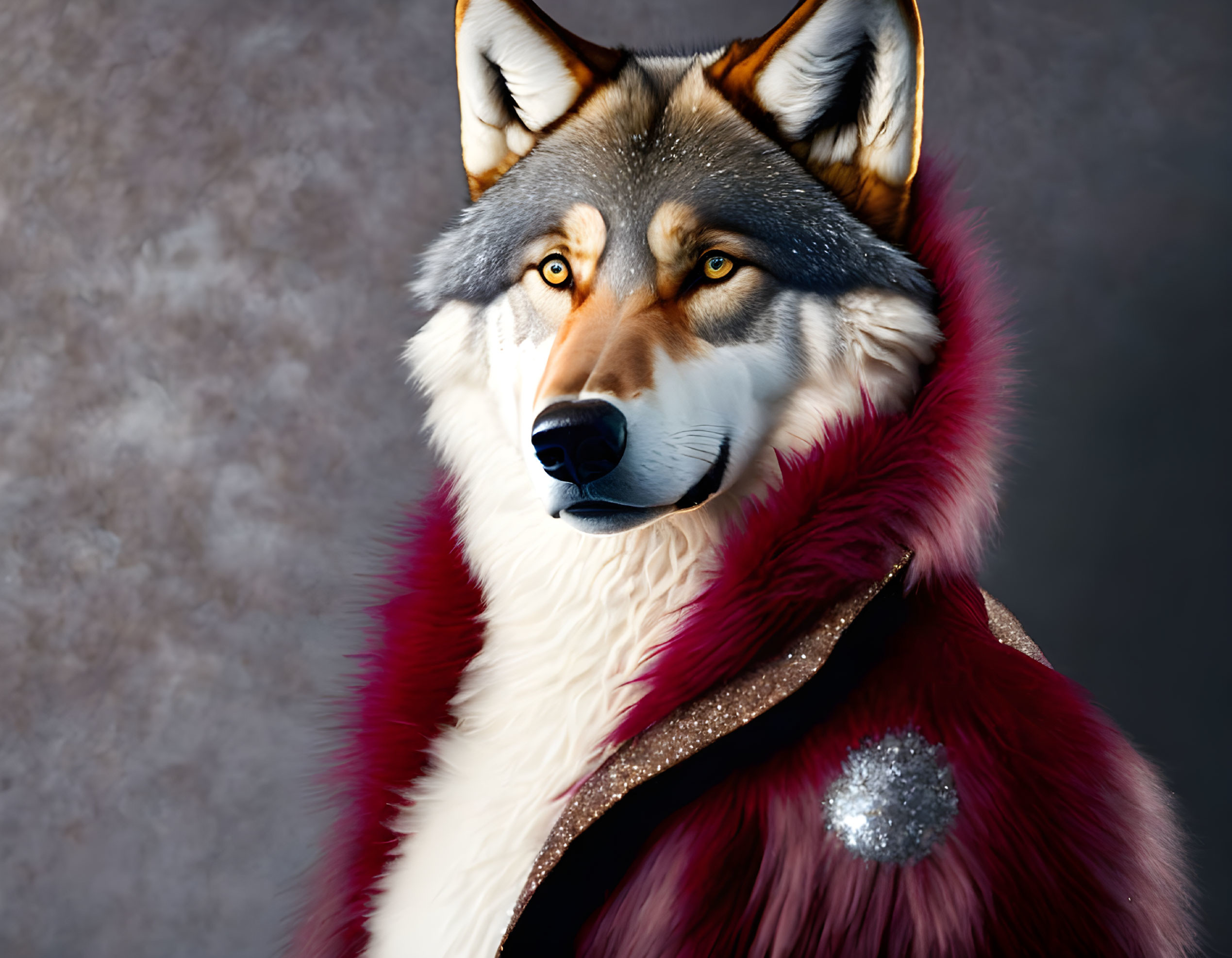 Stylized portrait of a wolf in a red and purple cloak