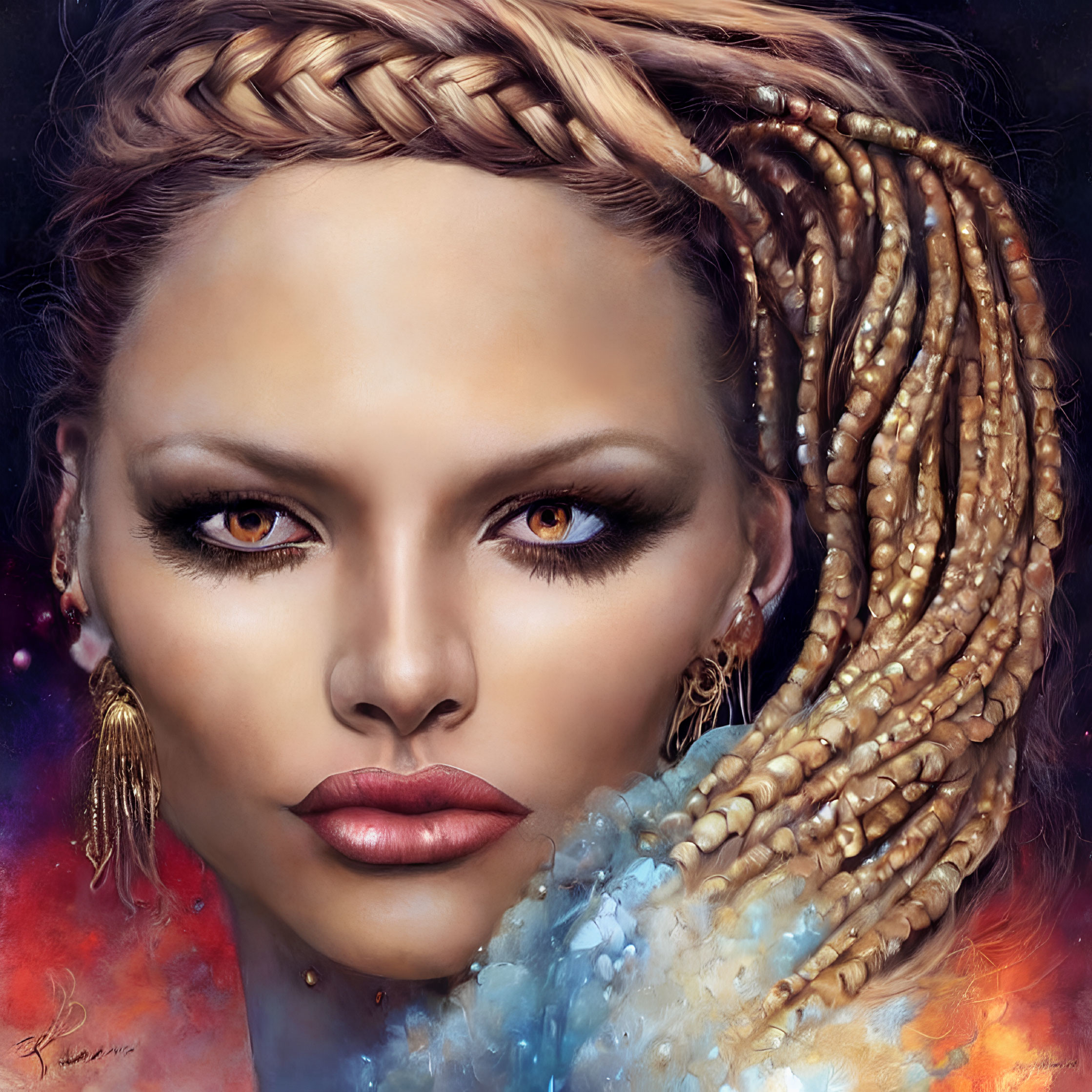 Digital artwork features woman with striking eyes, plaited hair, beads, and blue neckpiece on