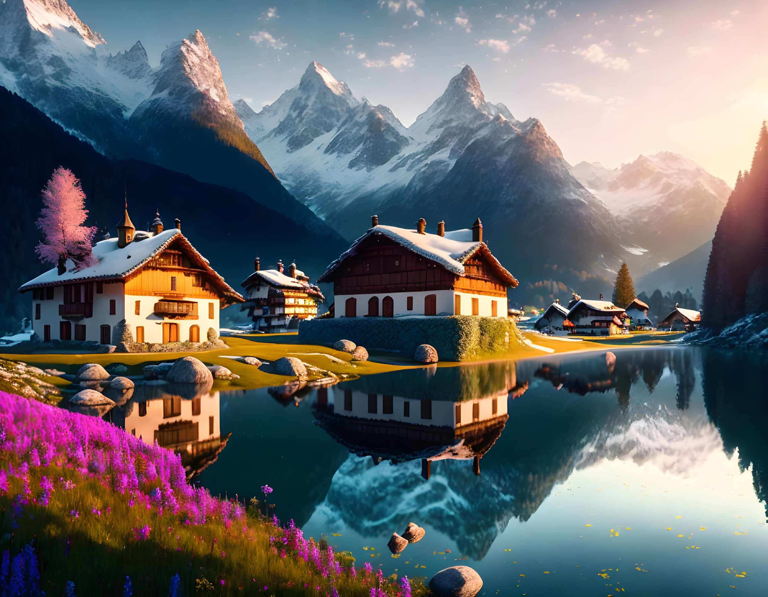 Scenic Alpine village with traditional houses, serene lake, purple flowers, snowy mountains at sunset