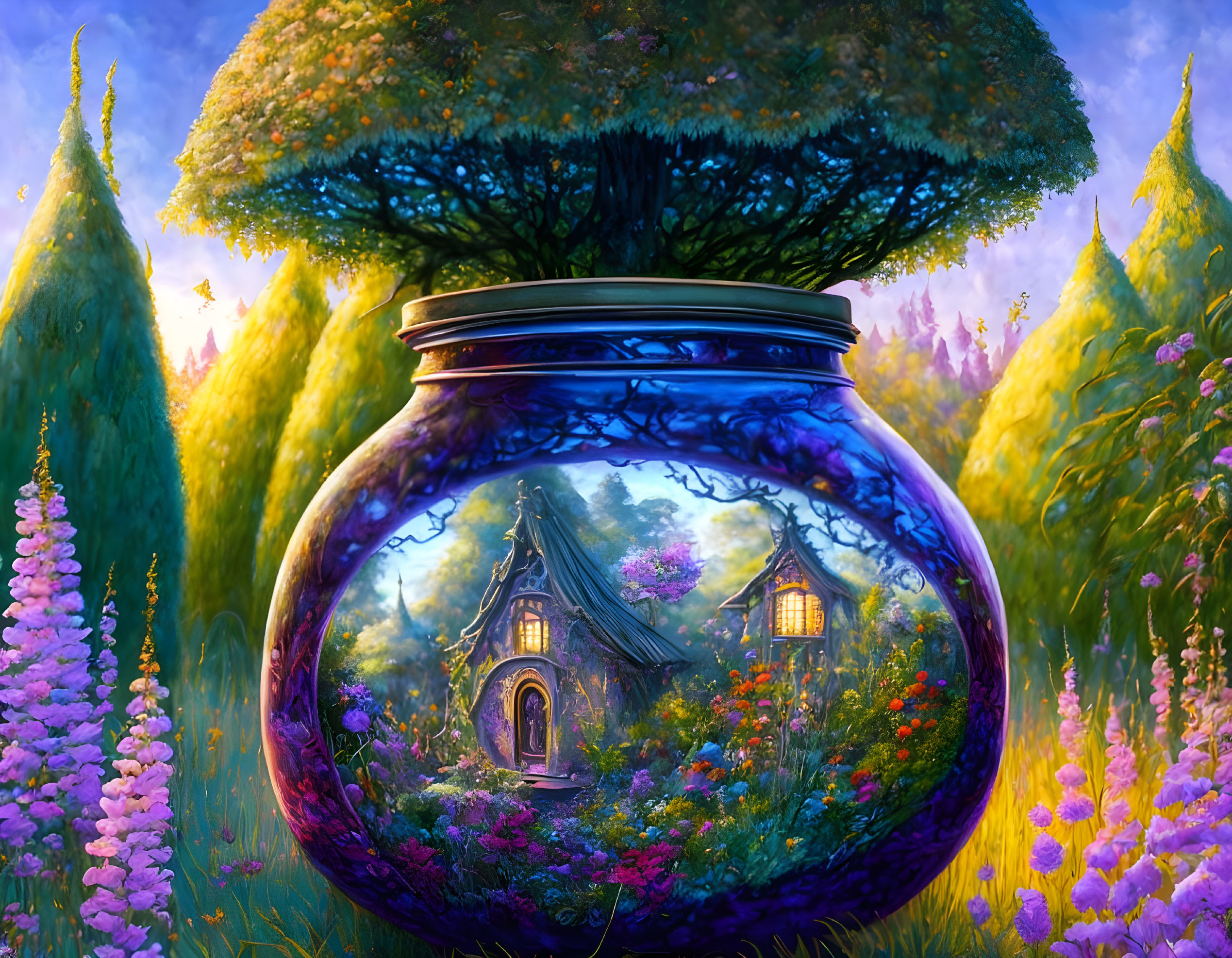 Luminous glass jar painting with tiny house in vibrant garden