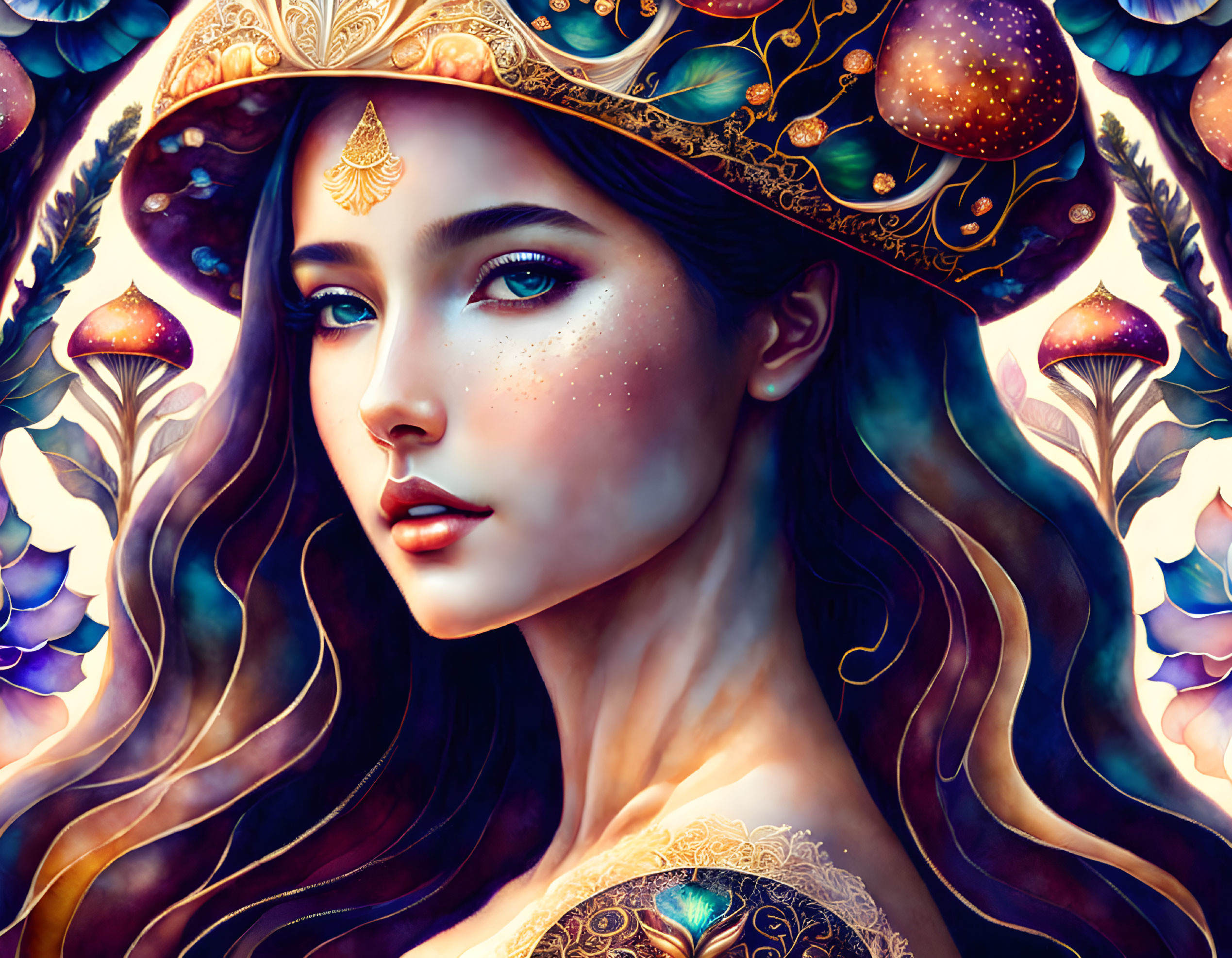 Digital artwork: Woman with freckles in decorative hat with mushrooms and golden patterns amidst colorful foliage