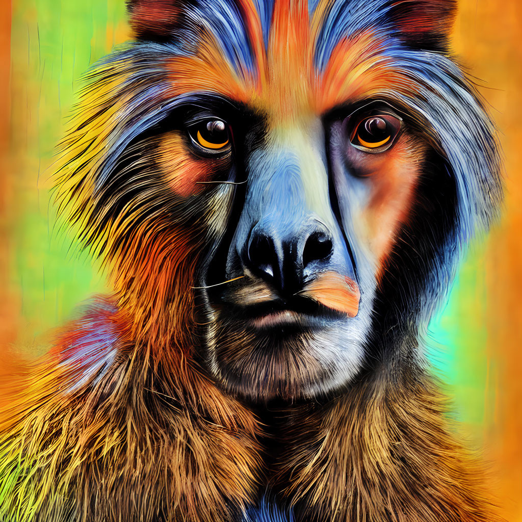 Colorful Mandrill Digital Painting with Vibrant Orange Eyes