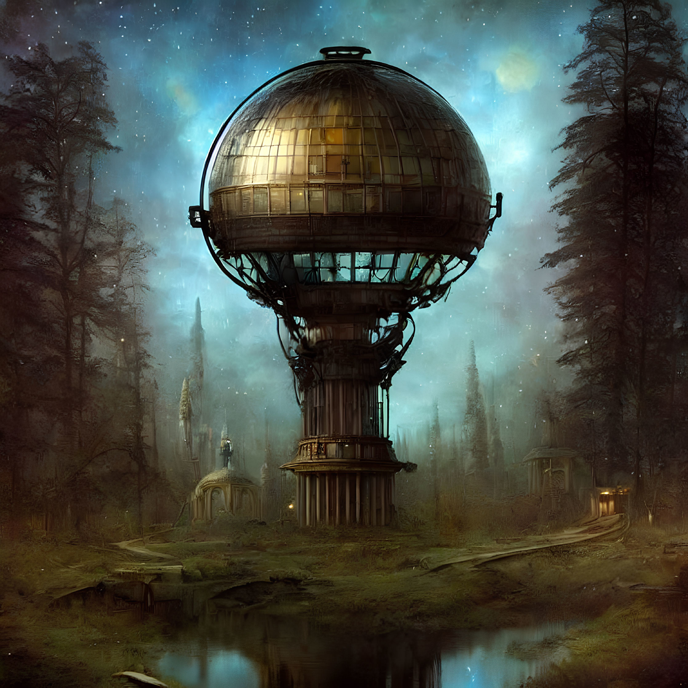 Spherical observatory structure in misty forest with reflection in pond