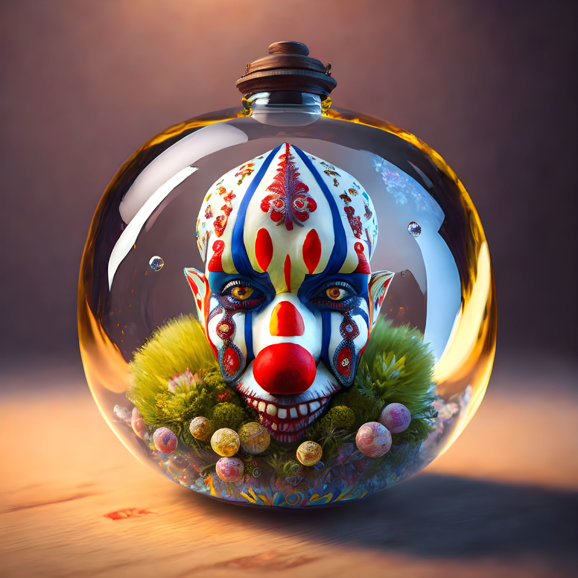 Colorful Clown Face in Glass Bubble with Greenery and Spheres