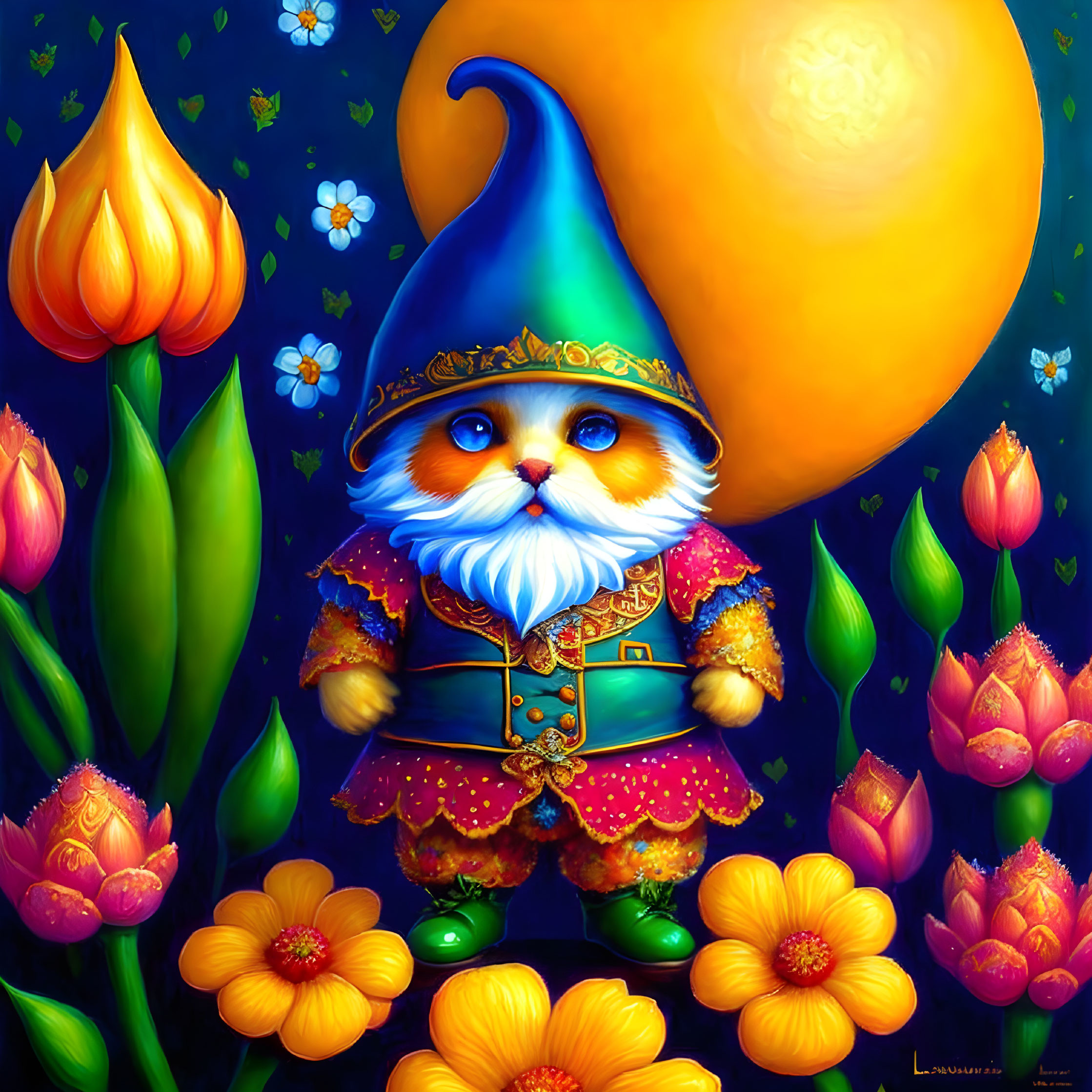 Whimsical cat-faced gnome with blue hat among vibrant flowers