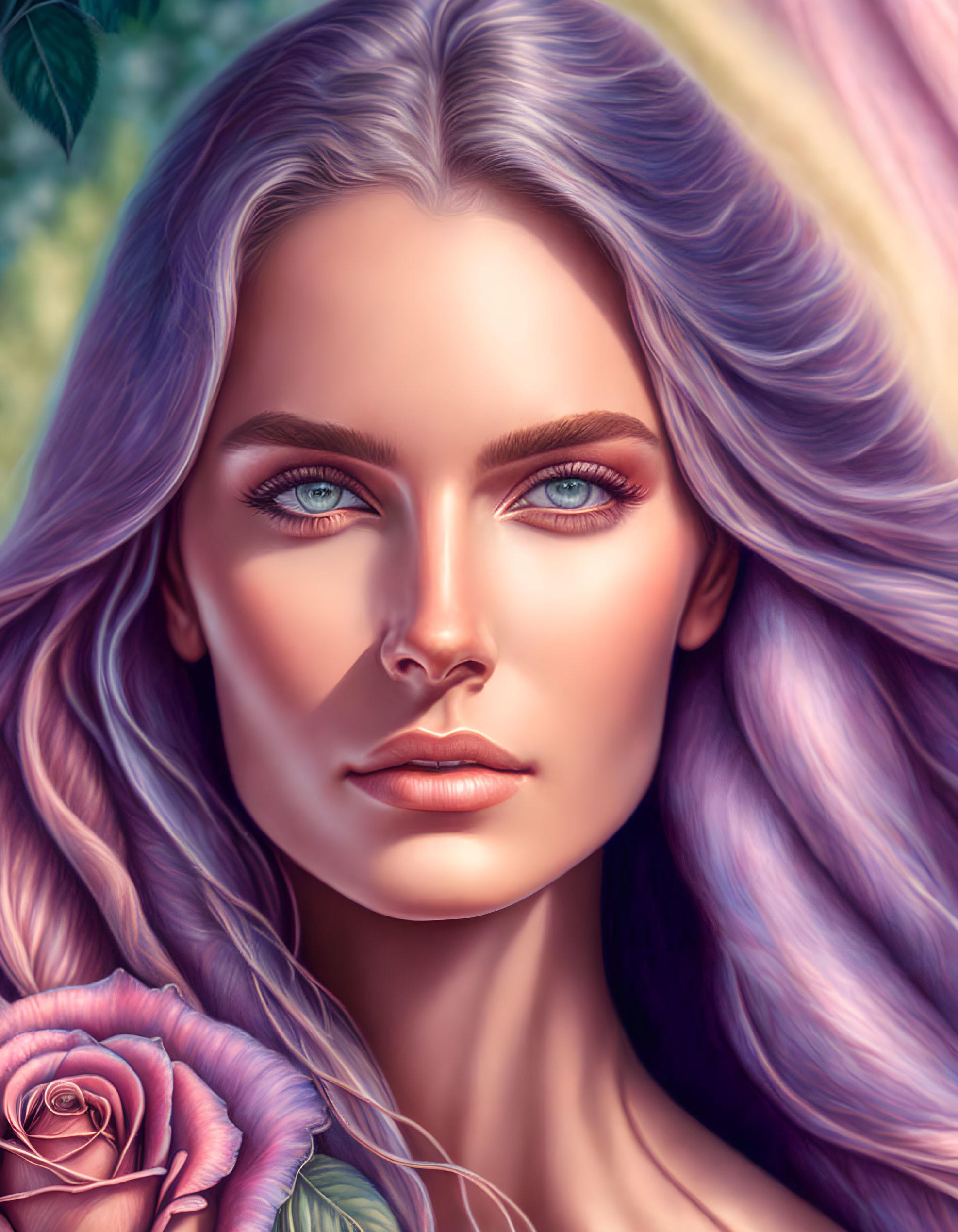 Woman with Blue Eyes and Purple Hair Holding Pink Rose