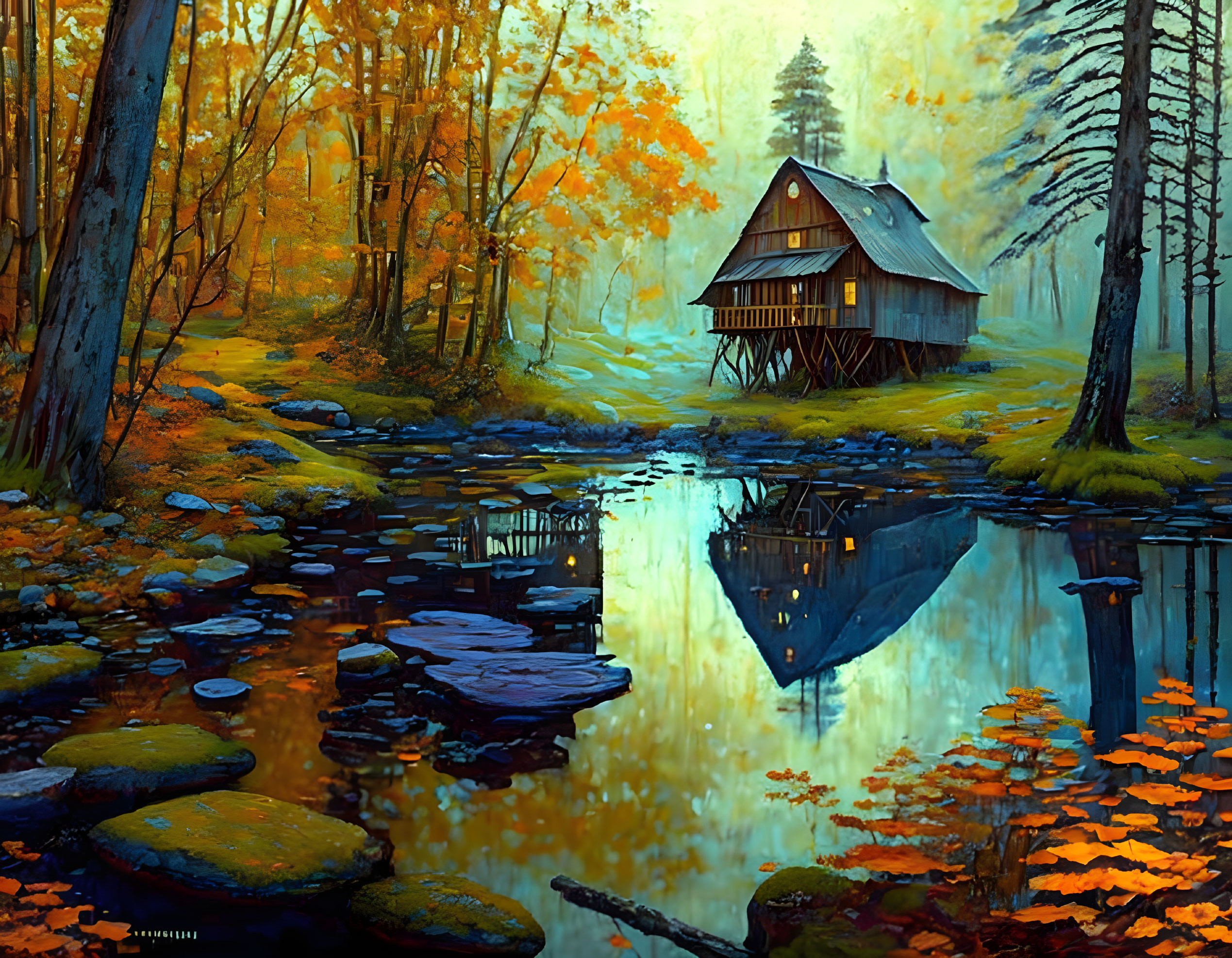 Tranquil autumn pond with rustic cabin and colorful trees