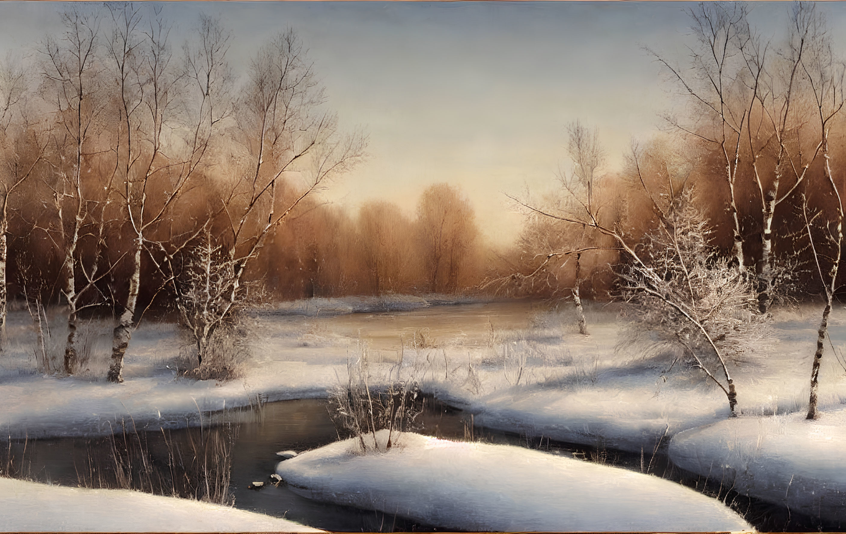 Snow-covered Winter Landscape with Bare Trees and Unfrozen Stream