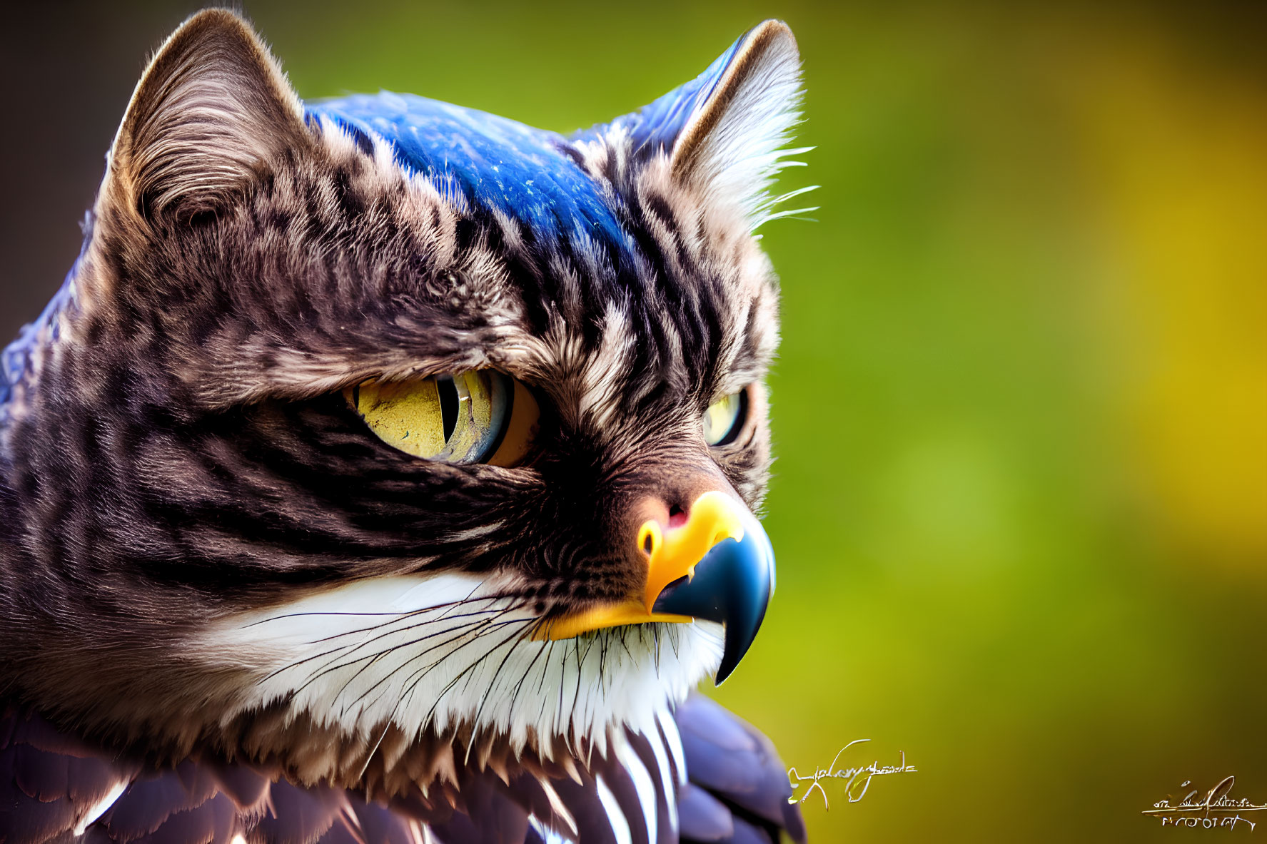 Digital artwork: Cat and bird of prey fusion with fur and feather textures, intense yellow eyes