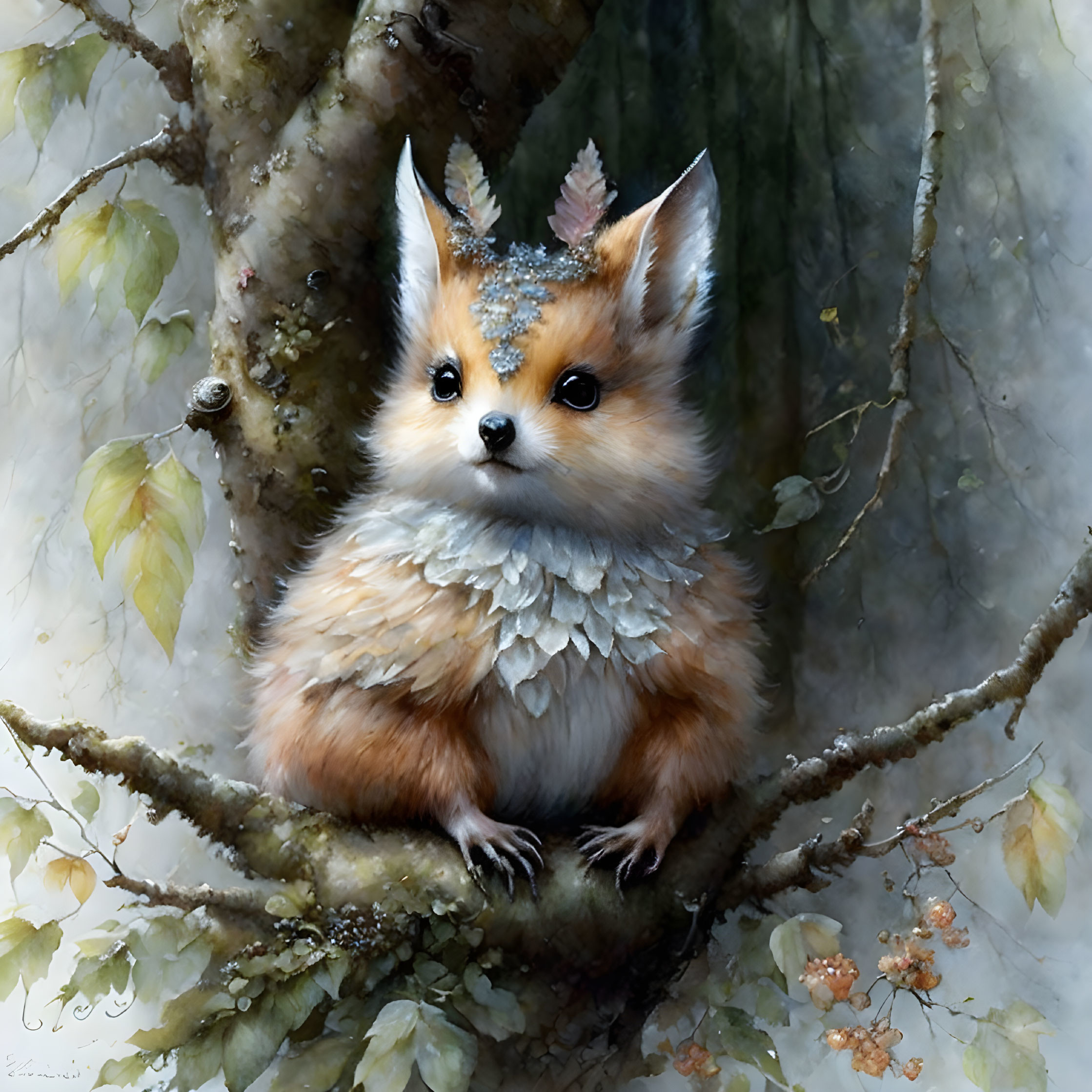 Fantasy creature illustration: fox body, expressive eyes, leaf-like scales in tree hollow