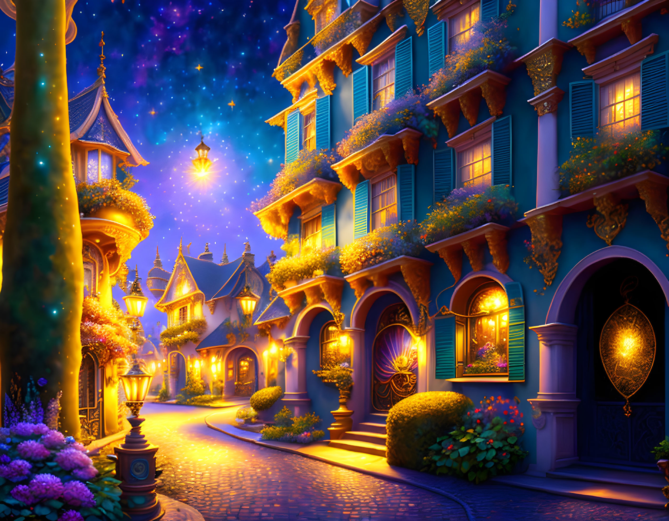 Quaint cobblestone street at night with lush greenery and ornate streetlamps