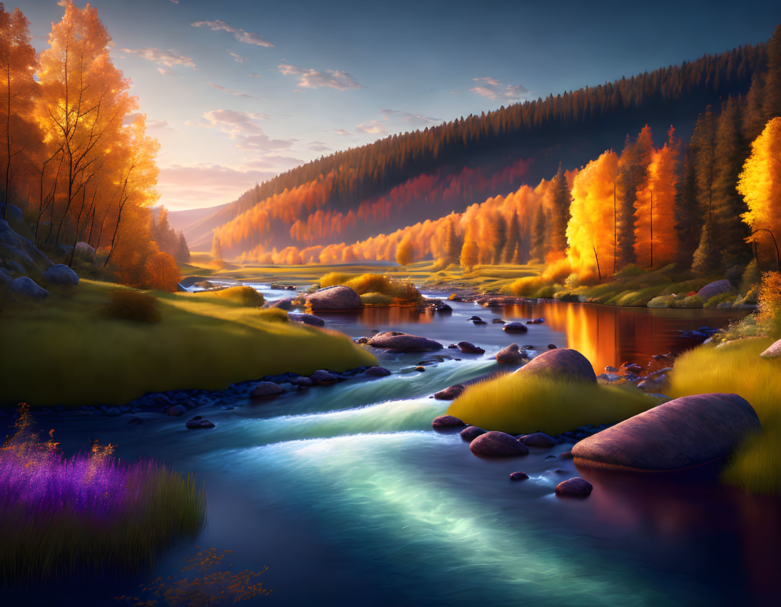 Tranquil river in autumn forest with vibrant trees