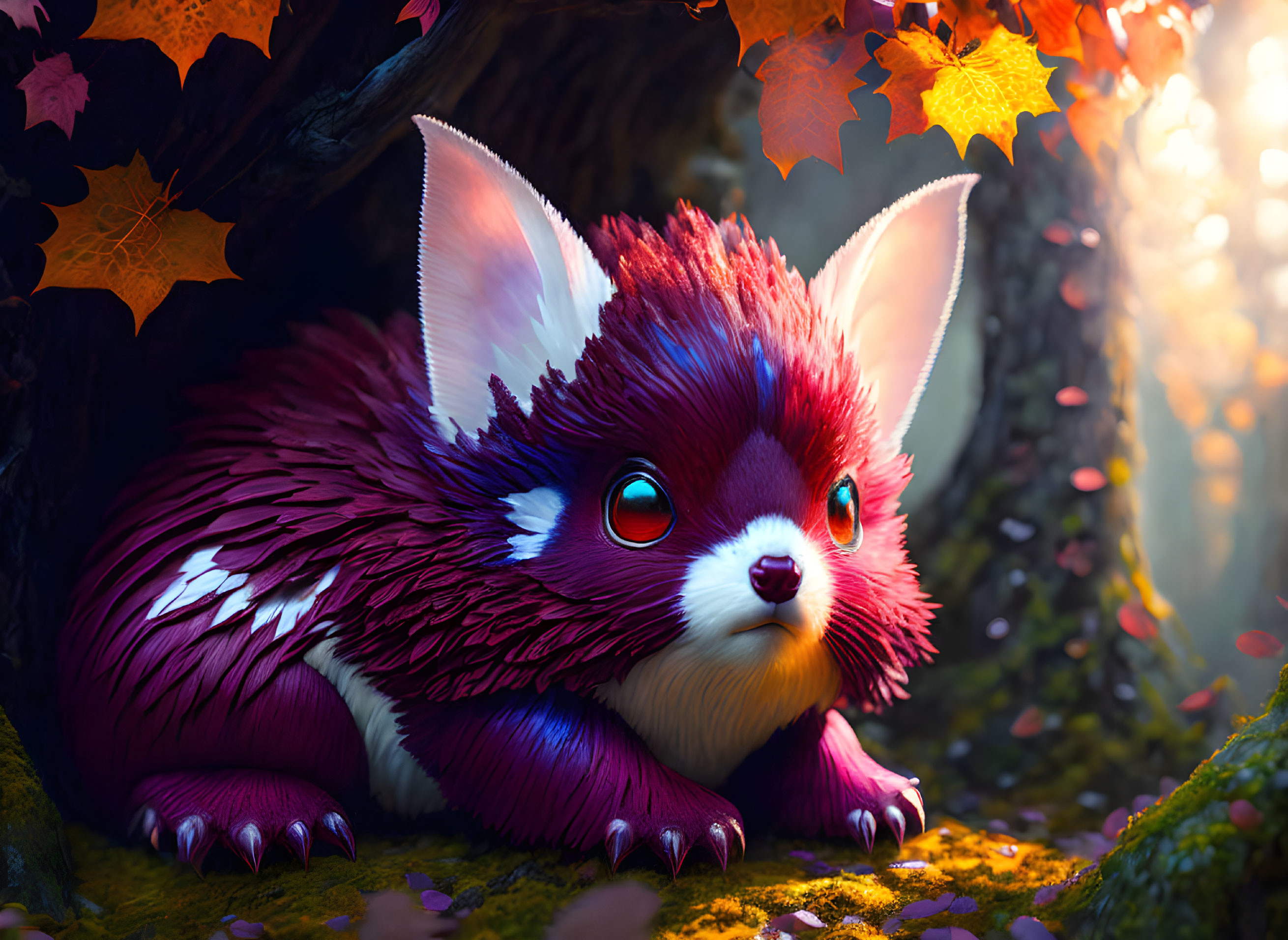 Colorful Fantasy Creature with Purple Fur and Blue Eyes in Sunlit Forest