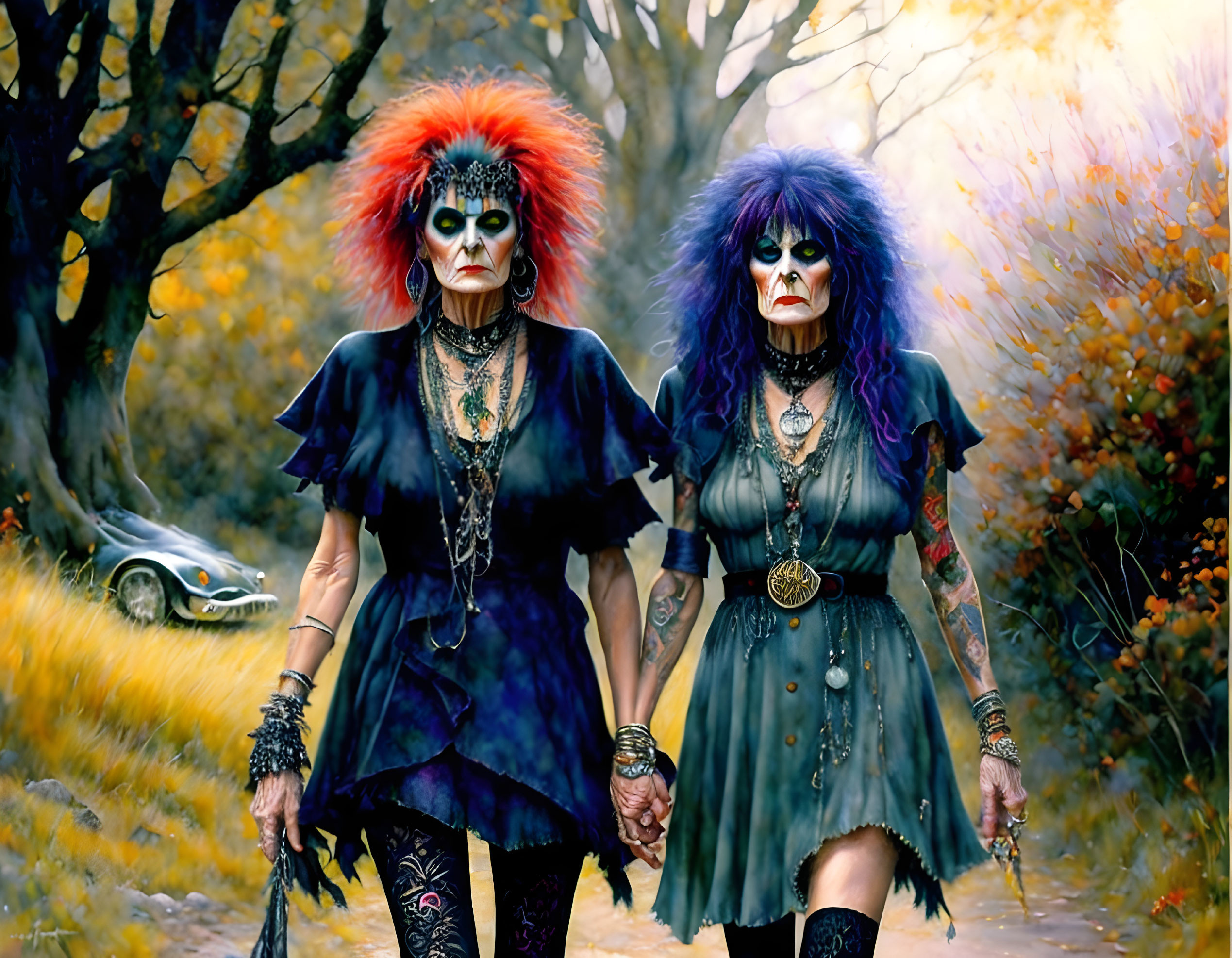 Colorful Punk Hairstyles & Gothic Attire in Autumn Forest