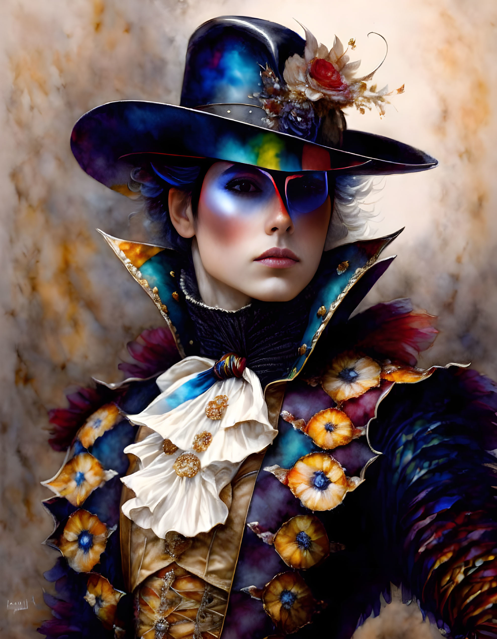 Elaborate Costume with Striking Makeup and Wide-Brimmed Hat