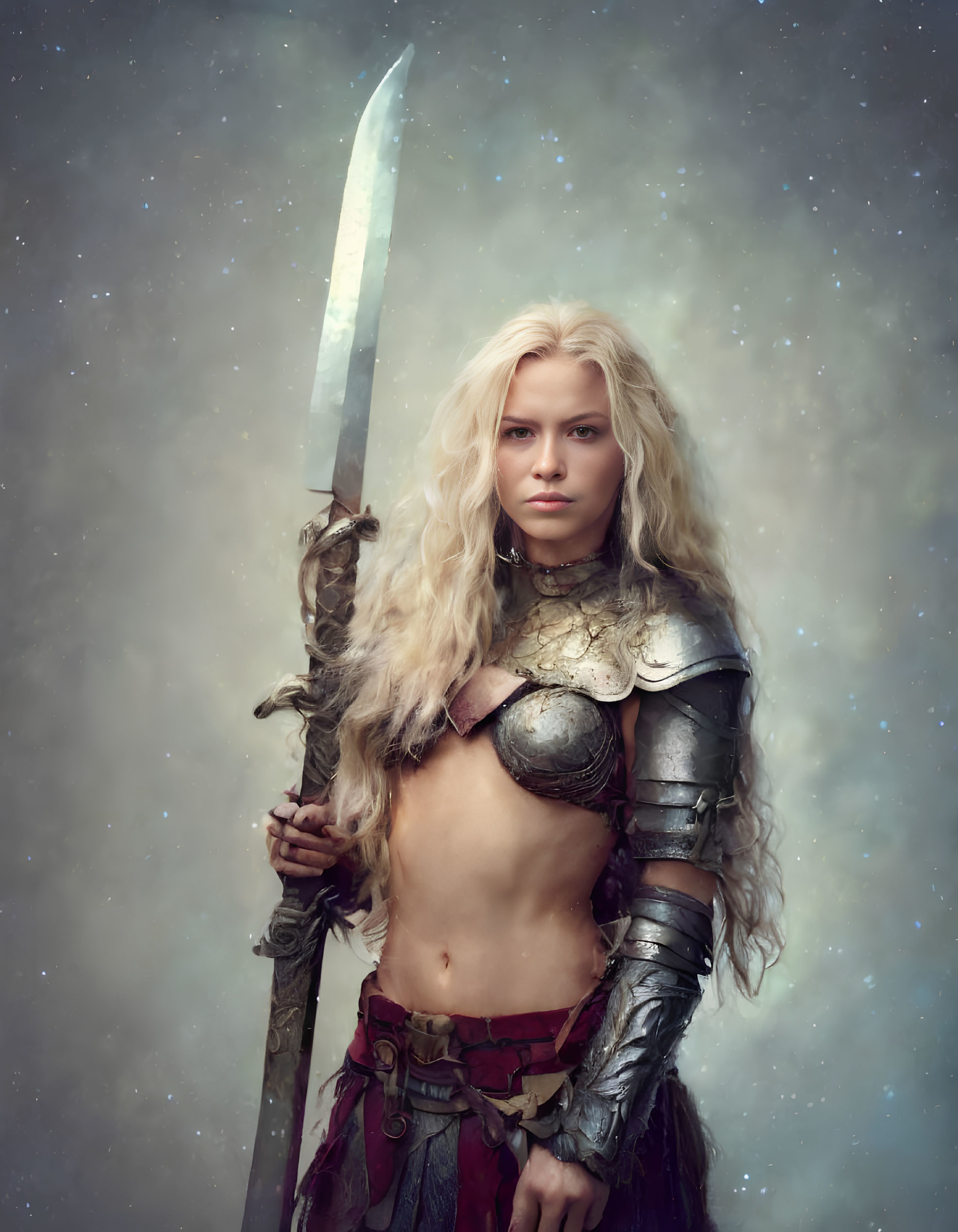 Blonde female warrior in silver armor wields sword against mystical backdrop