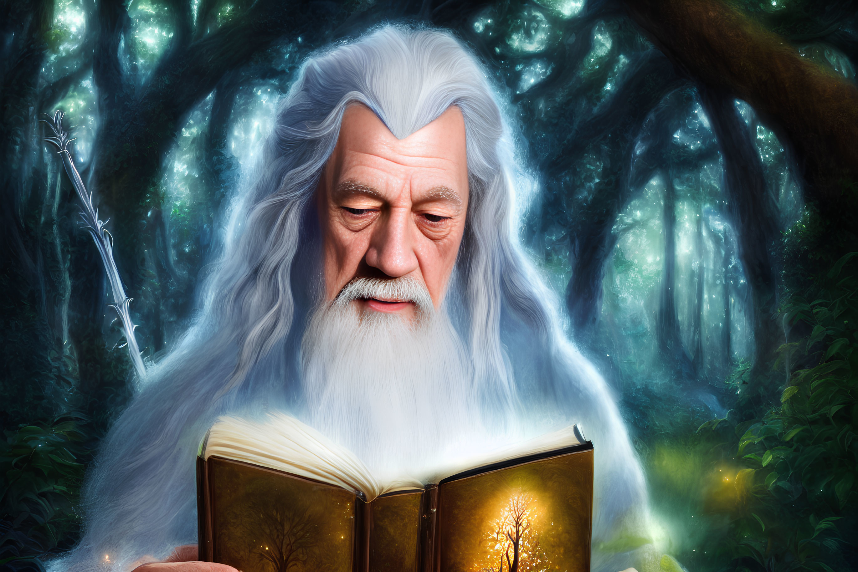 Elderly wizard reading book in enchanted forest with golden symbols