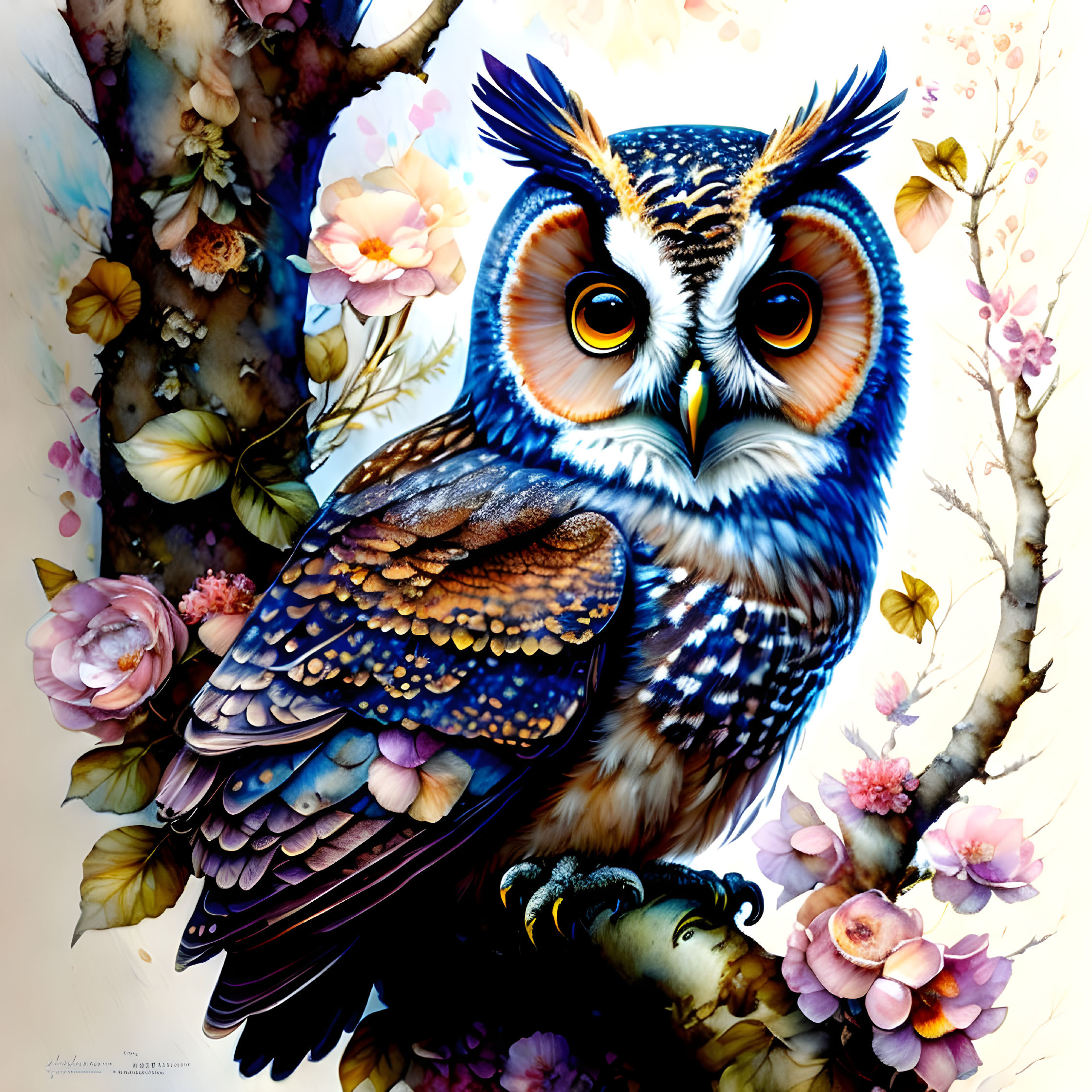 Colorful Owl Illustration Perched on Branch with Flowers