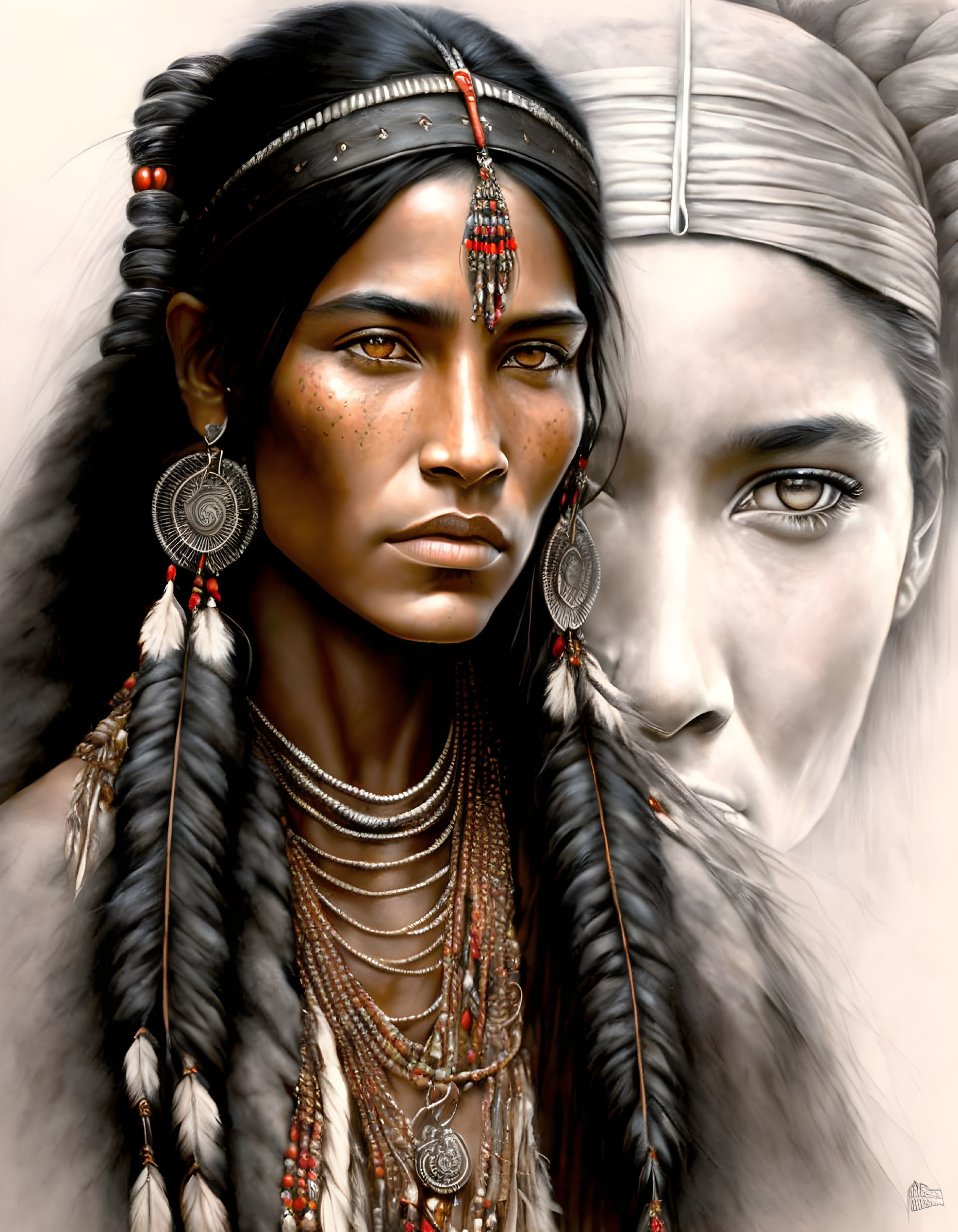 Digital artwork of woman with indigenous features in grayscale palette