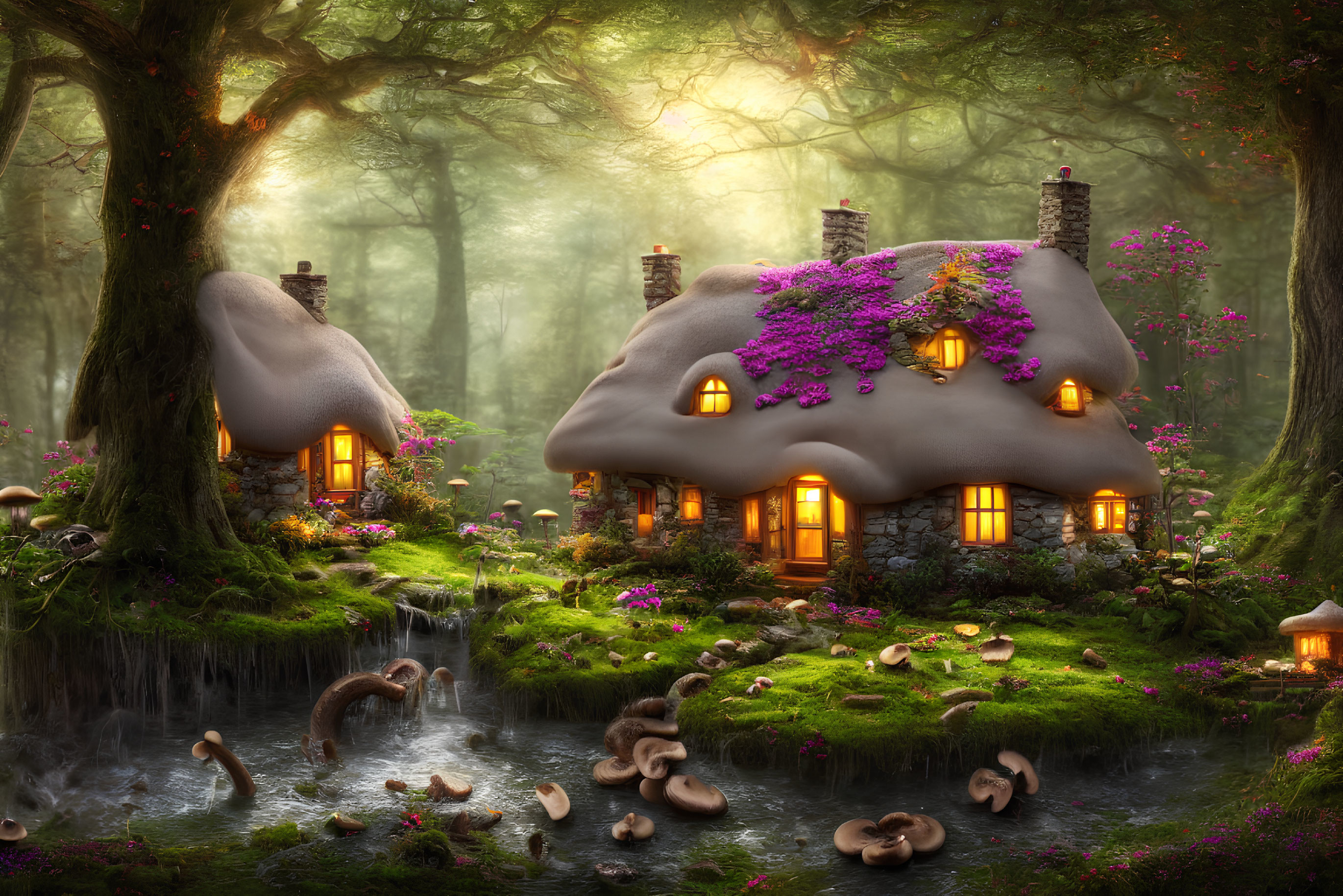 Enchanted forest scene with whimsical cottages, moss, flowers, stream, and mushrooms