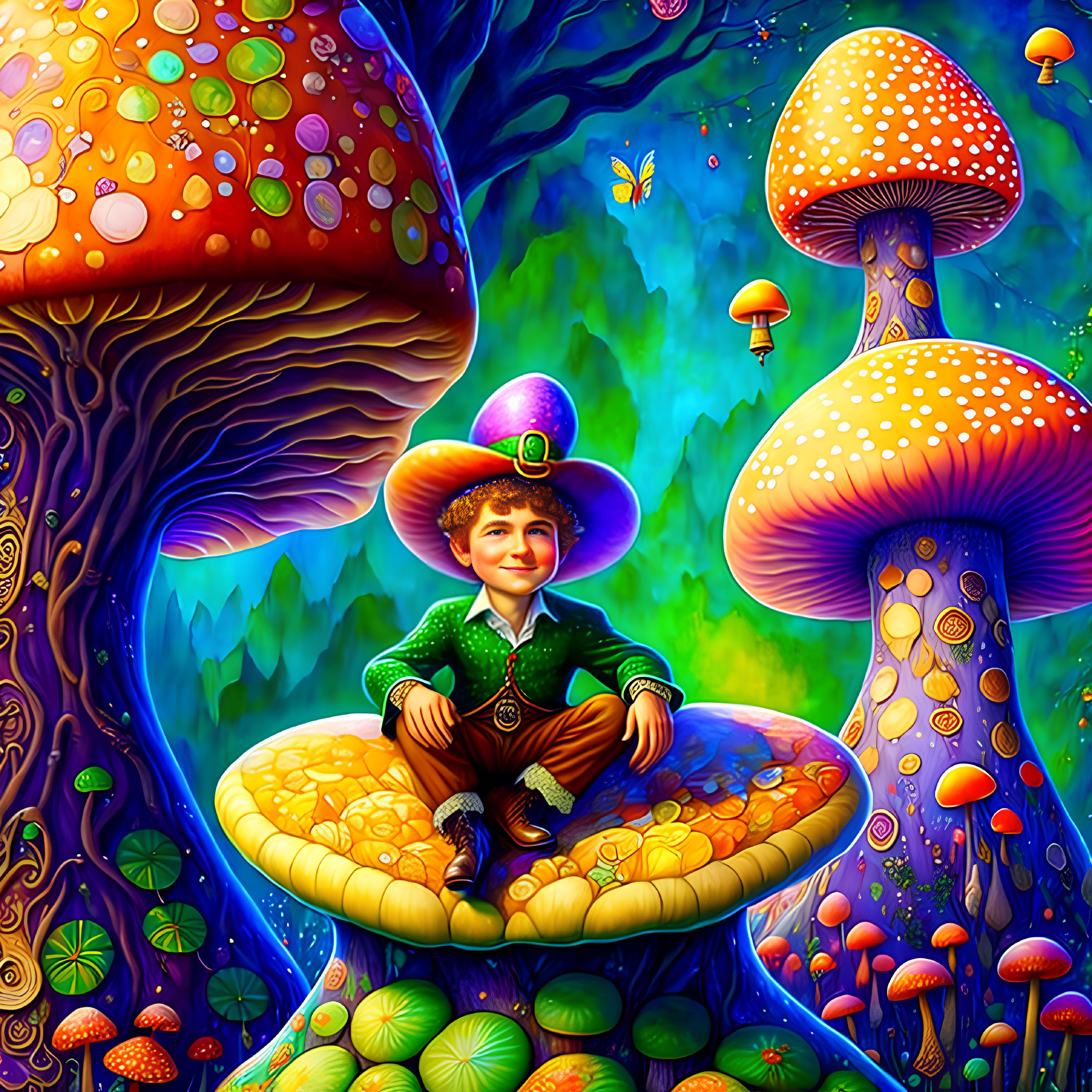 Boy with Mushroom Cap Hat Sitting on Large Mushroom in Vibrant Forest