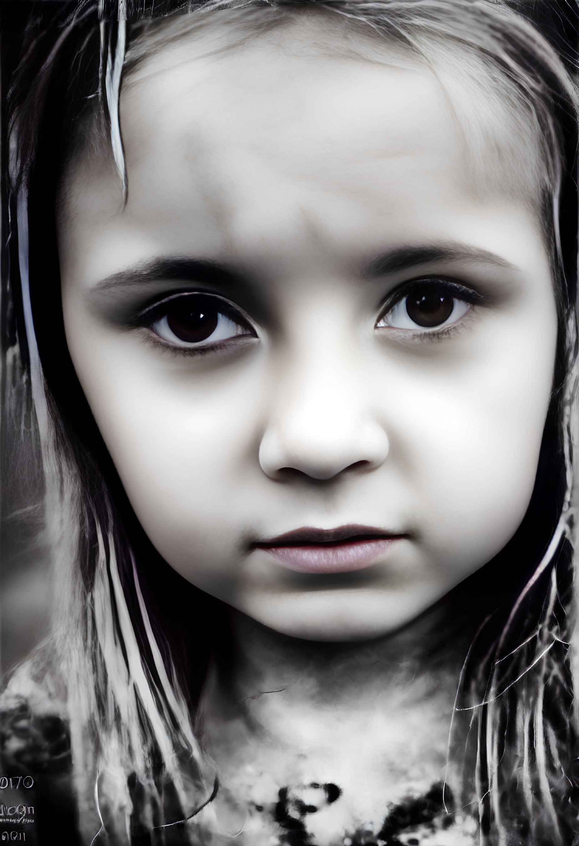 Young child with solemn expression and dark eyes in desaturated close-up.