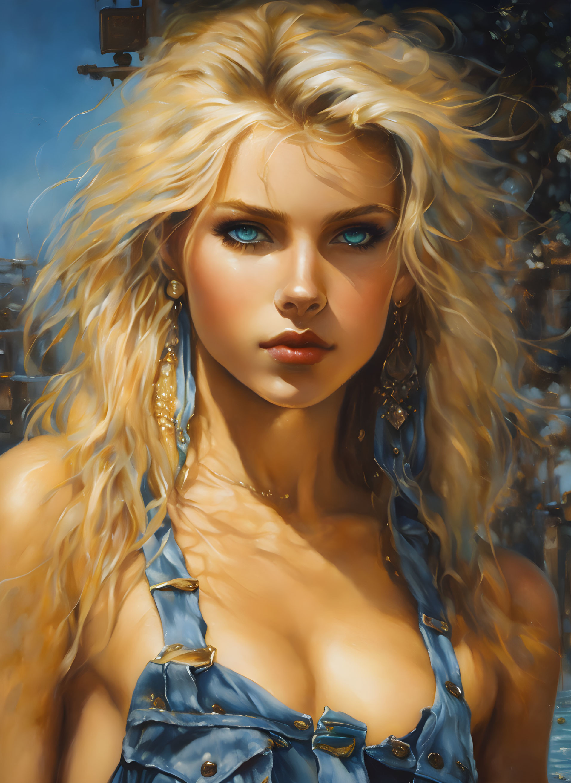 Blue-eyed woman with blonde hair in denim top by sunlit water