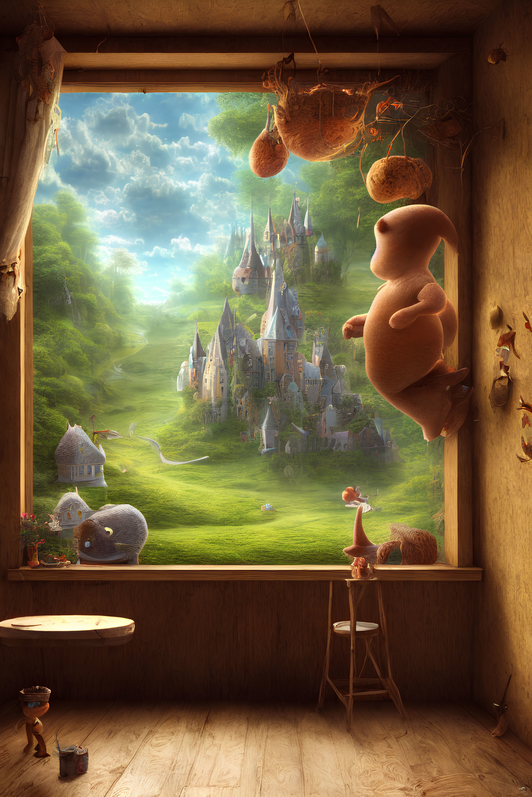 Fantastical room interior with toys and magical landscape view