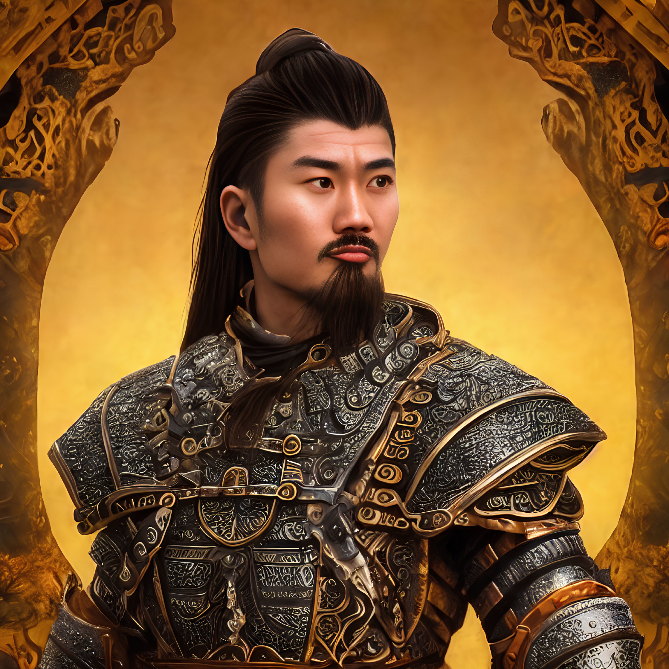 Asian warrior in ornate armor with mustache and goatee on golden background